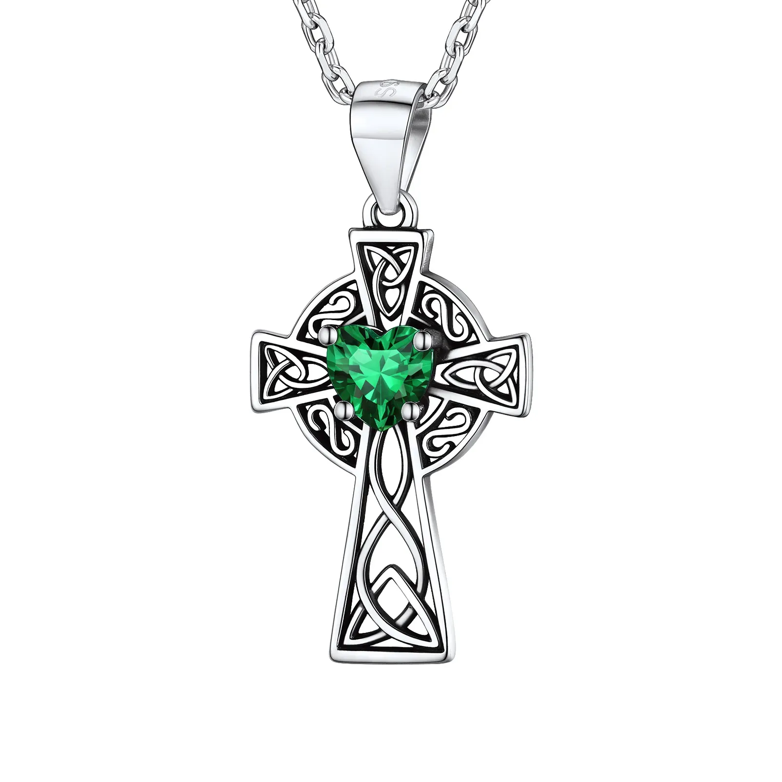 Collier Croix en Argent Sterling avec Pierre de Naissance pour Femme Mai - Emeraude