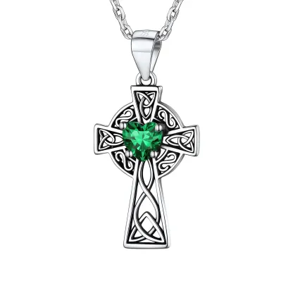 Collier Croix en Argent Sterling avec Pierre de Naissance pour Femme Mai - Emeraude