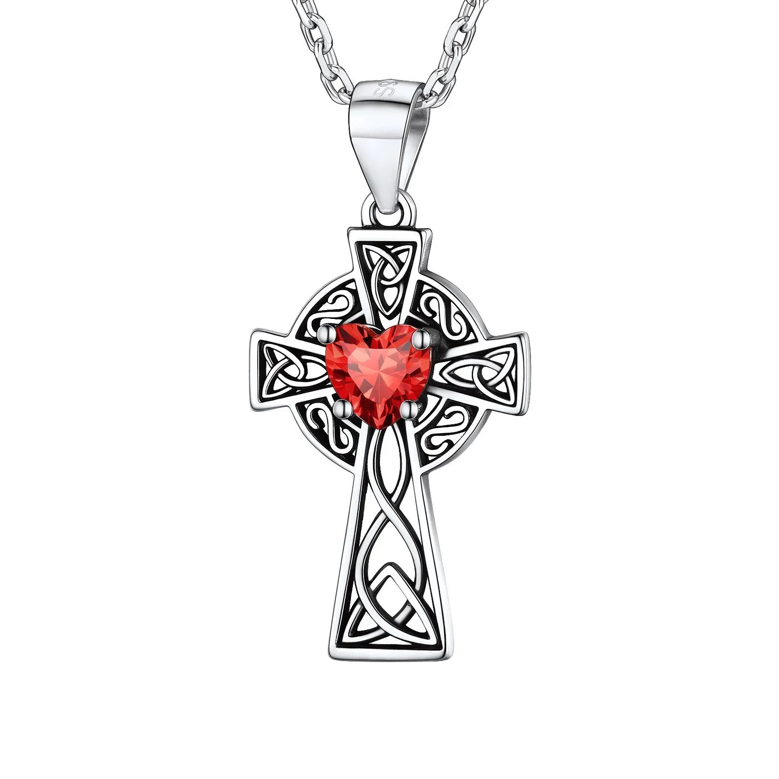 Collier Croix en Argent Sterling avec Pierre de Naissance pour Femme Juillet - Rubis