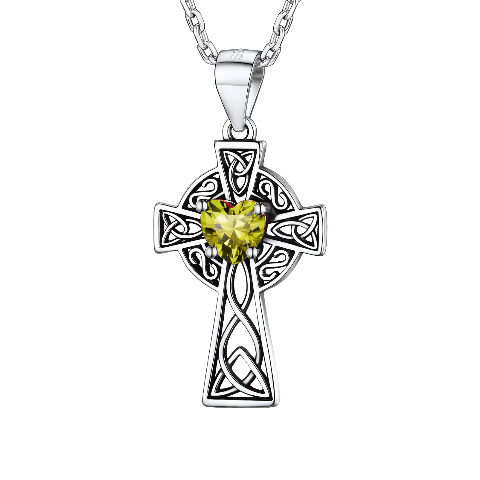 Collier Croix en Argent Sterling avec Pierre de Naissance pour Femme Août - Péridot
