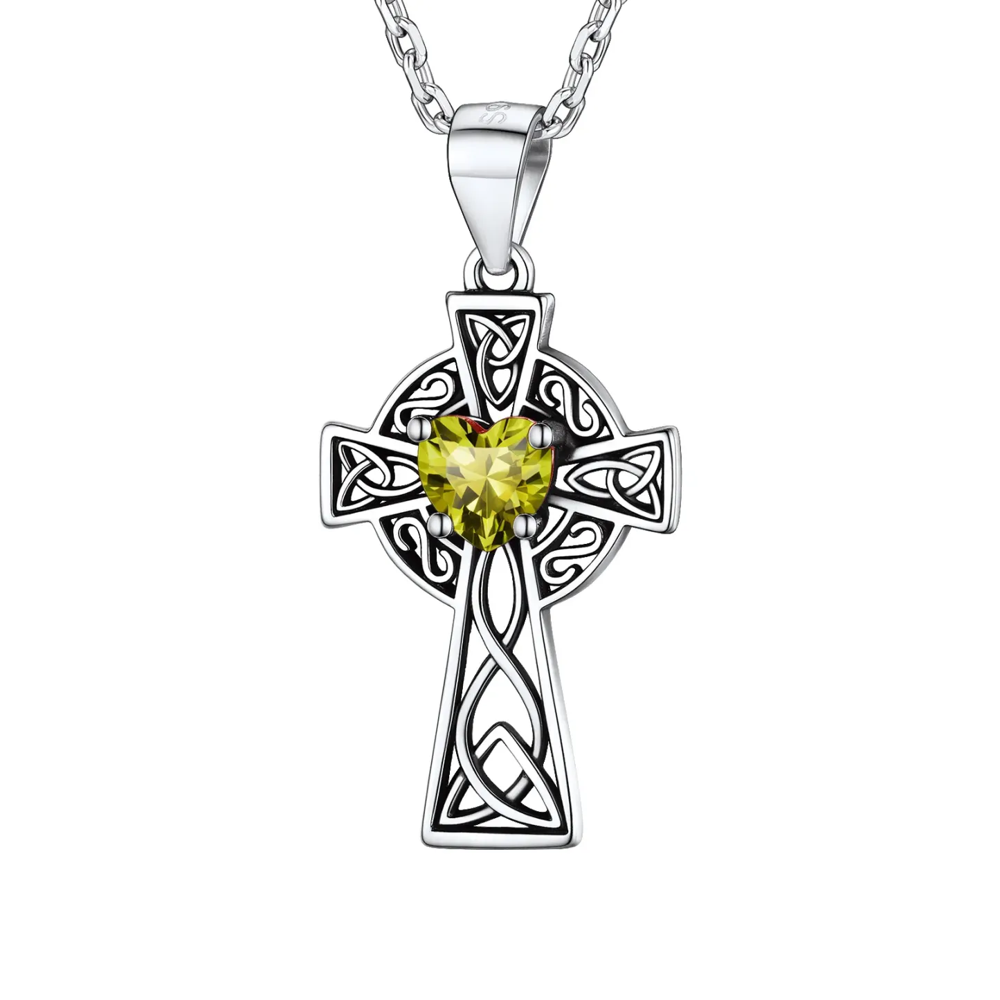 Collier Croix en Argent Sterling avec Pierre de Naissance pour Femme Août - Péridot