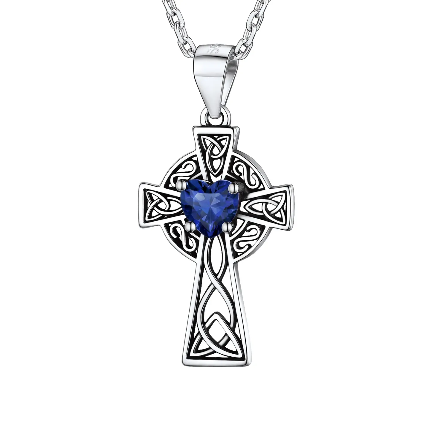 Collier Croix en Argent Sterling avec Pierre de Naissance pour Femme Septembre - Saphir