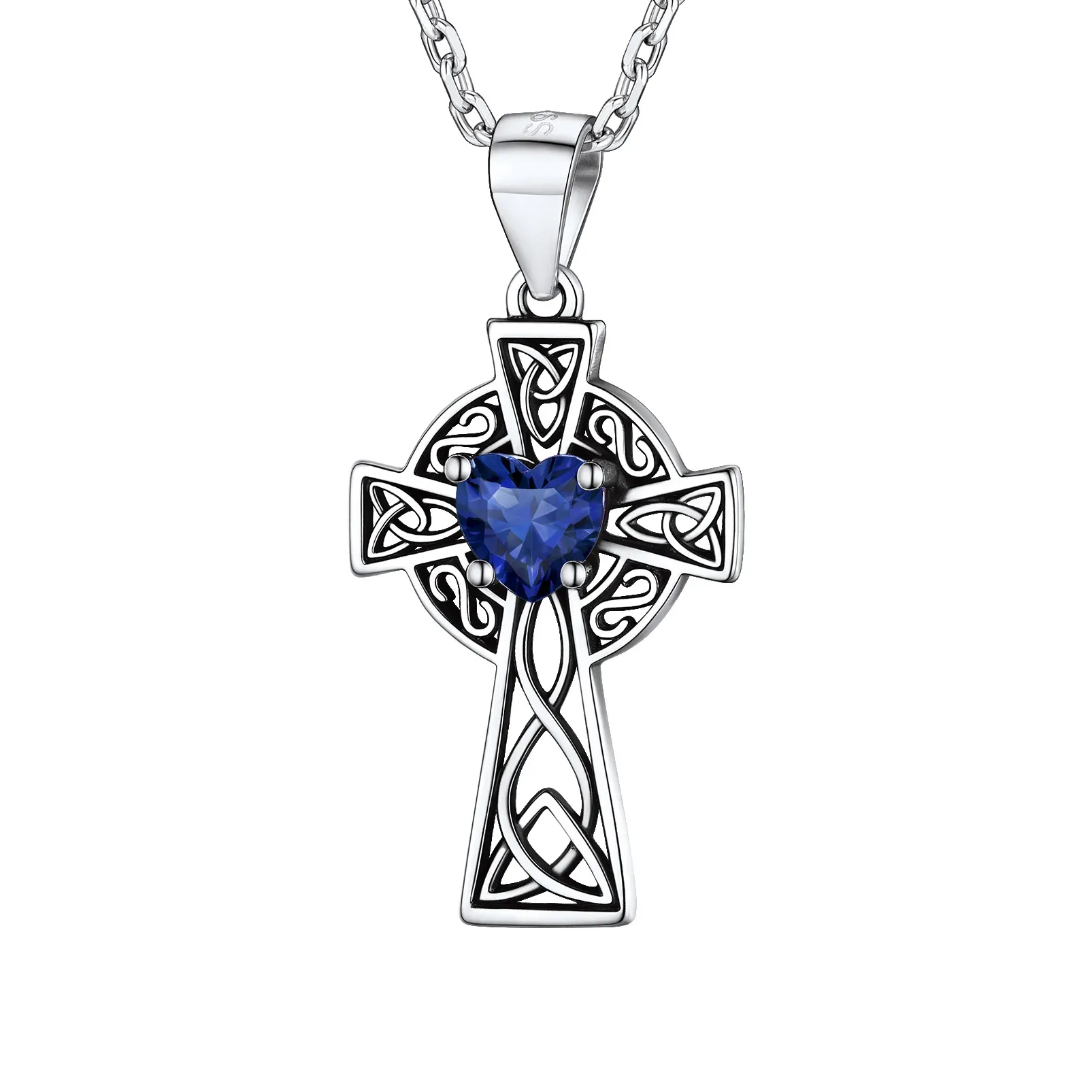 Collier Croix en Argent Sterling avec Pierre de Naissance pour Femme Septembre - Saphir