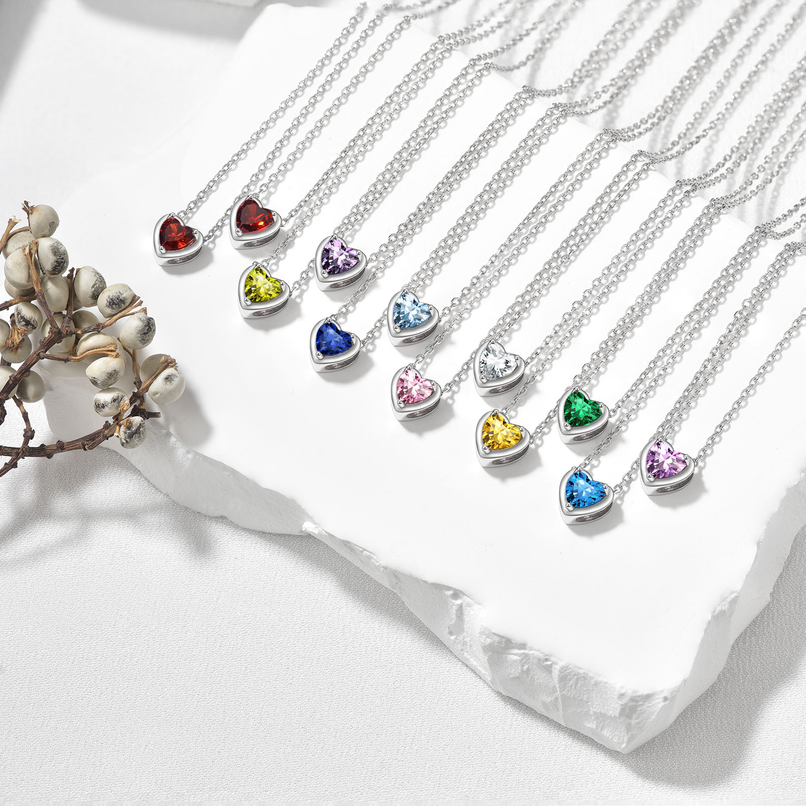 Collier Cœur en Argent Sterling avec Pierre de Naissance Collection