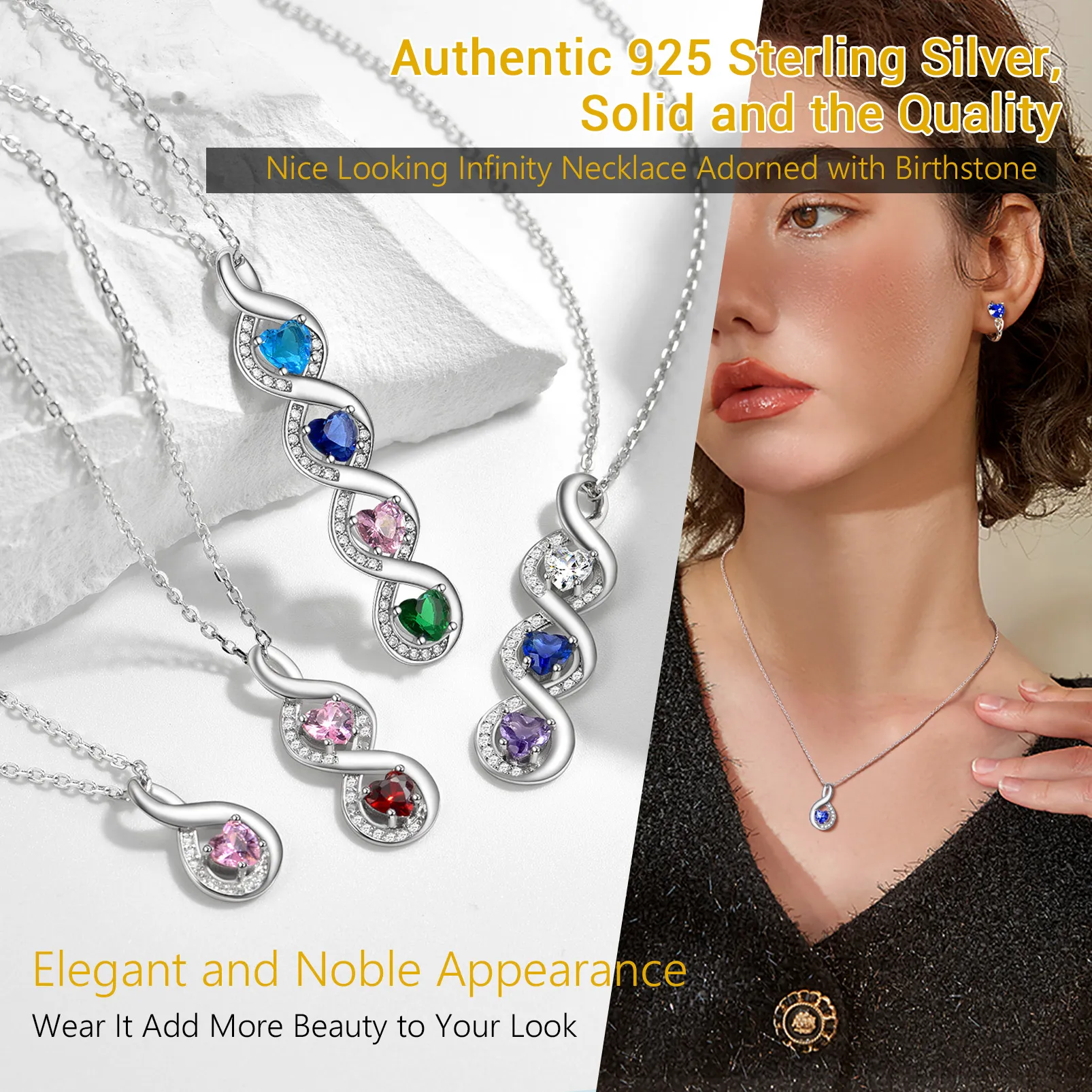 Collier Infini avec Prénom et Pierres de Naissance Cœur Detail