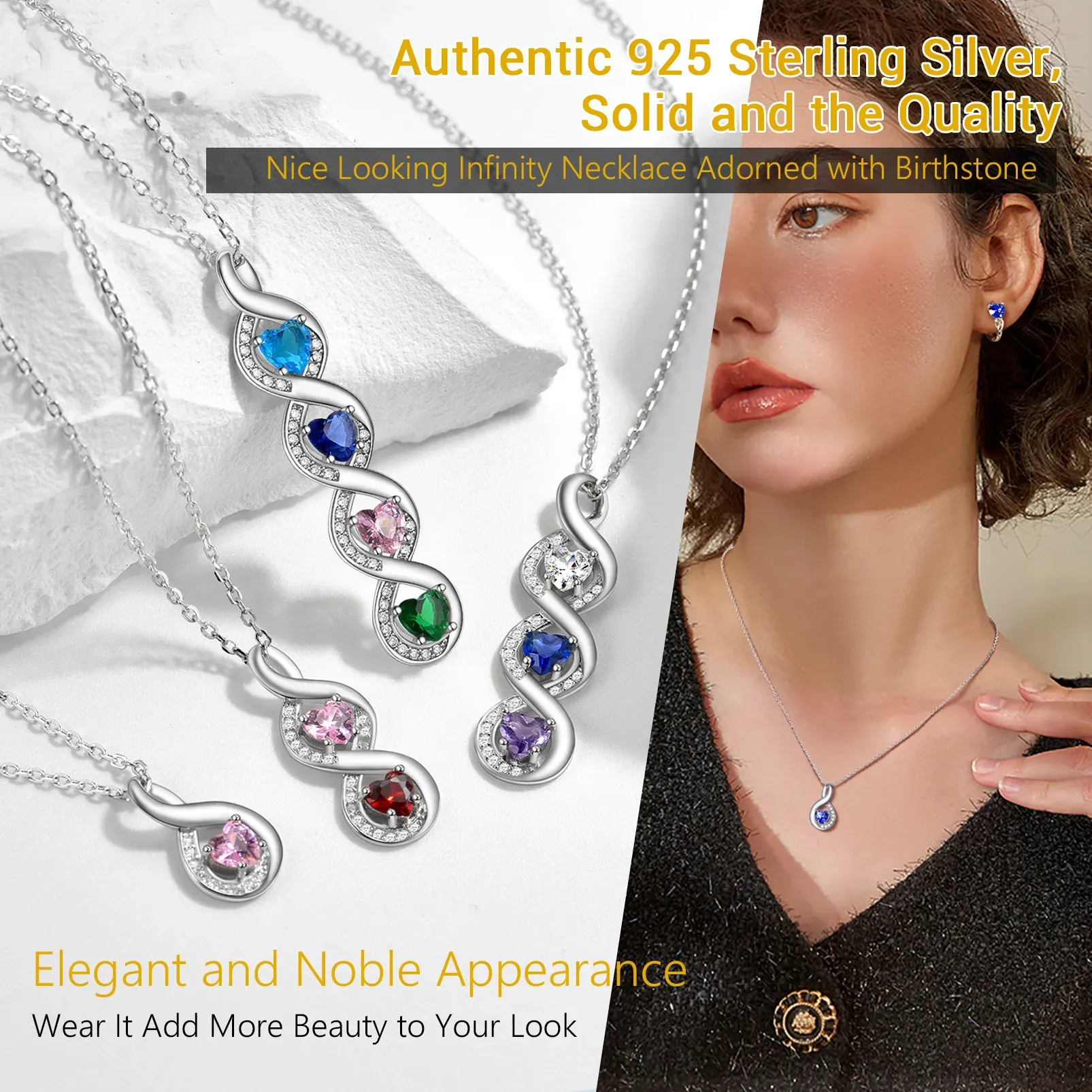 Collier Infini avec Prénom et Pierres de Naissance Cœur Detail