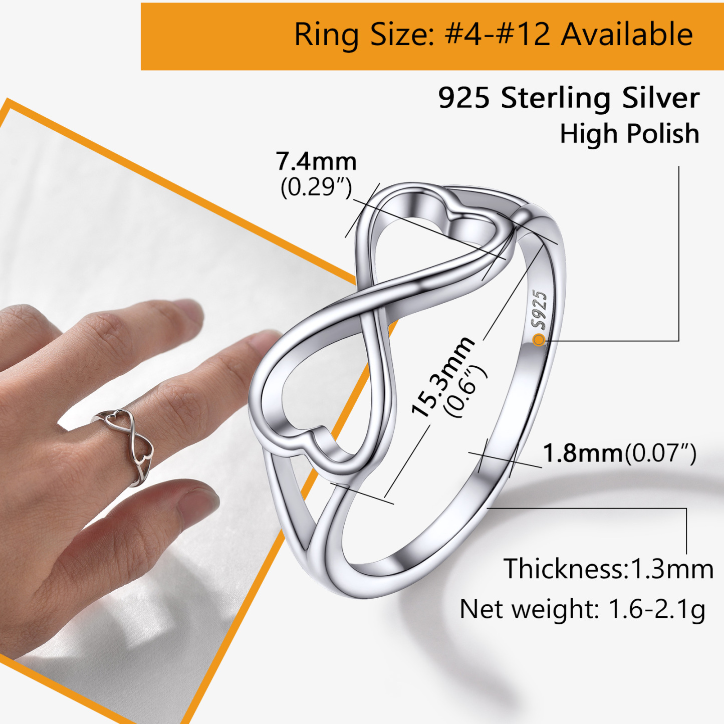 Bague Promesse Personnalisée avec Nœud Infini et Cœur en Argent 925 Taille