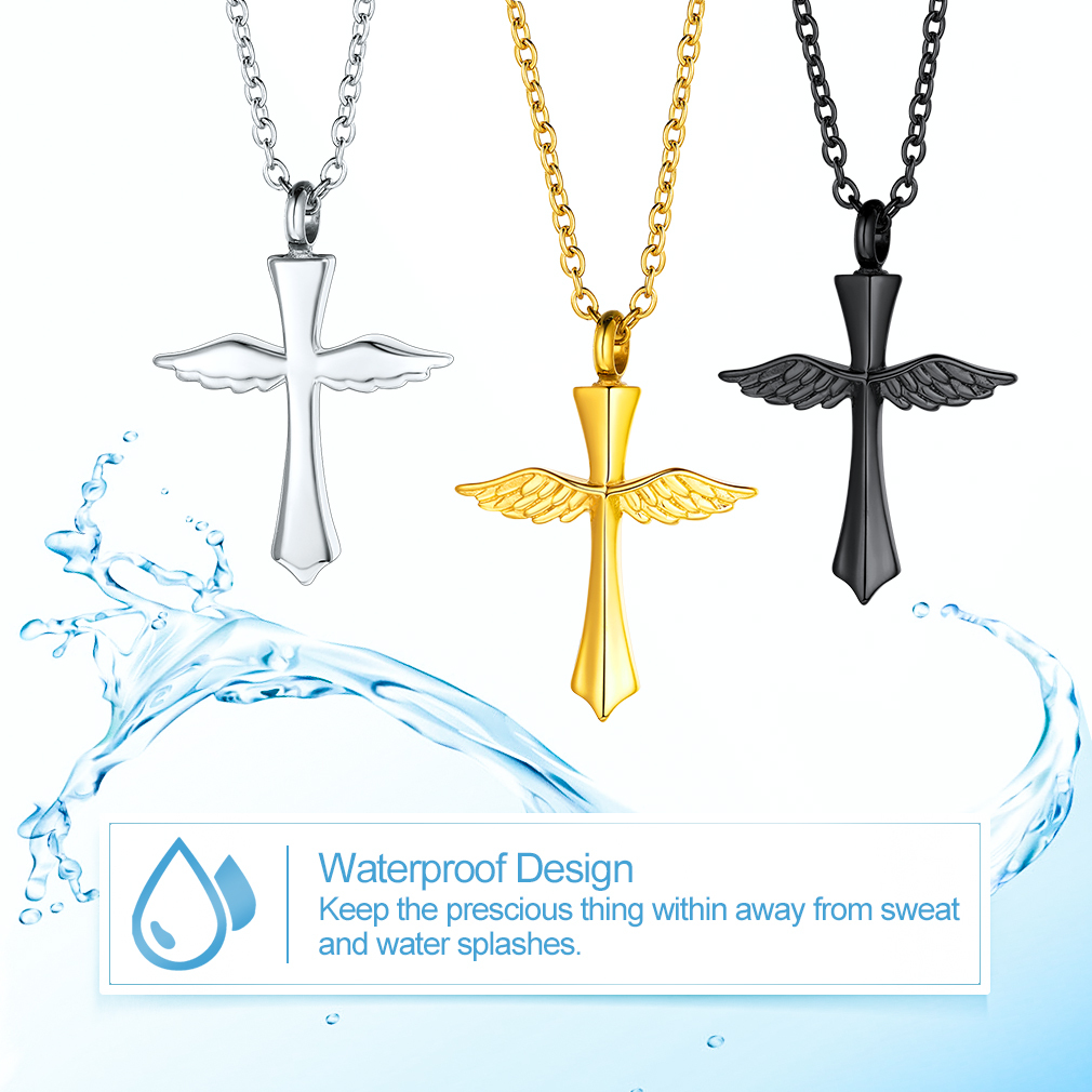 Pendentif Urne Funéraire Croix avec Ailes d’Ange pour Cendres étanche