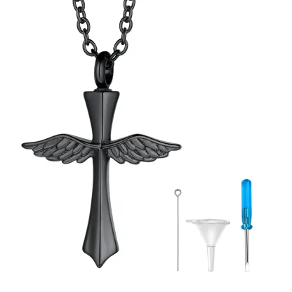 Pendentif Urne Funéraire Croix avec Ailes d’Ange pour Cendres noir