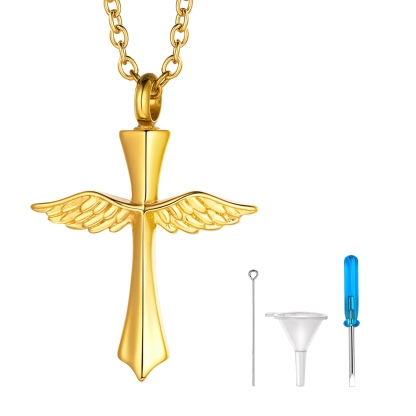 Pendentif Urne Funéraire Croix avec Ailes d’Ange pour Cendres or