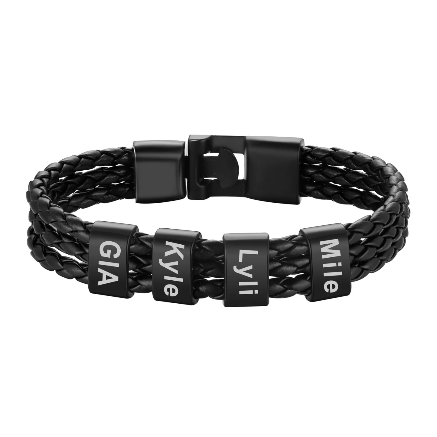 Bracelet en Cuir Homme  Personnalisé 4 Prénoms Gravé noir