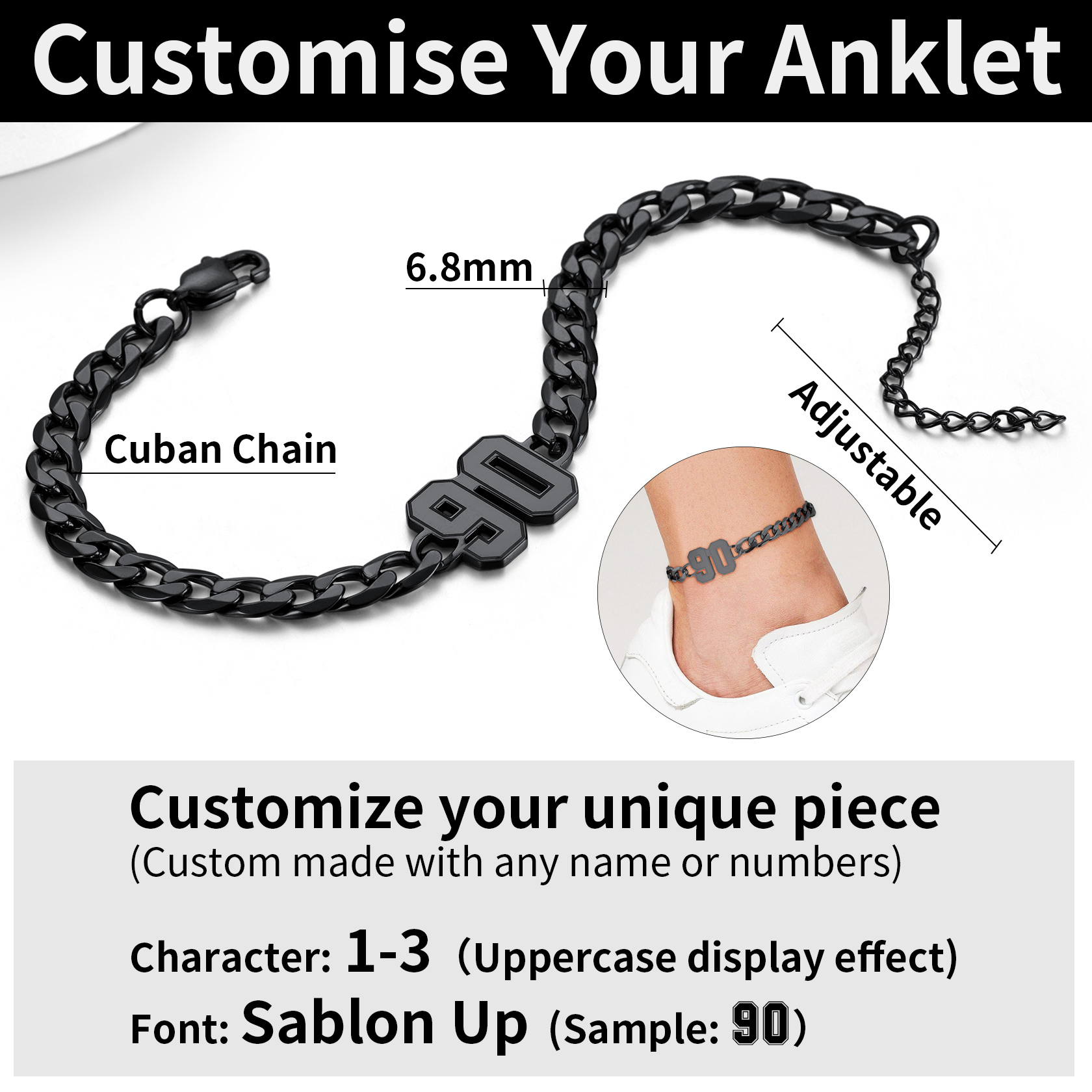 Bracelet de Cheville Chaîne Cuban avec Chiffre Personnalisé pour Homme