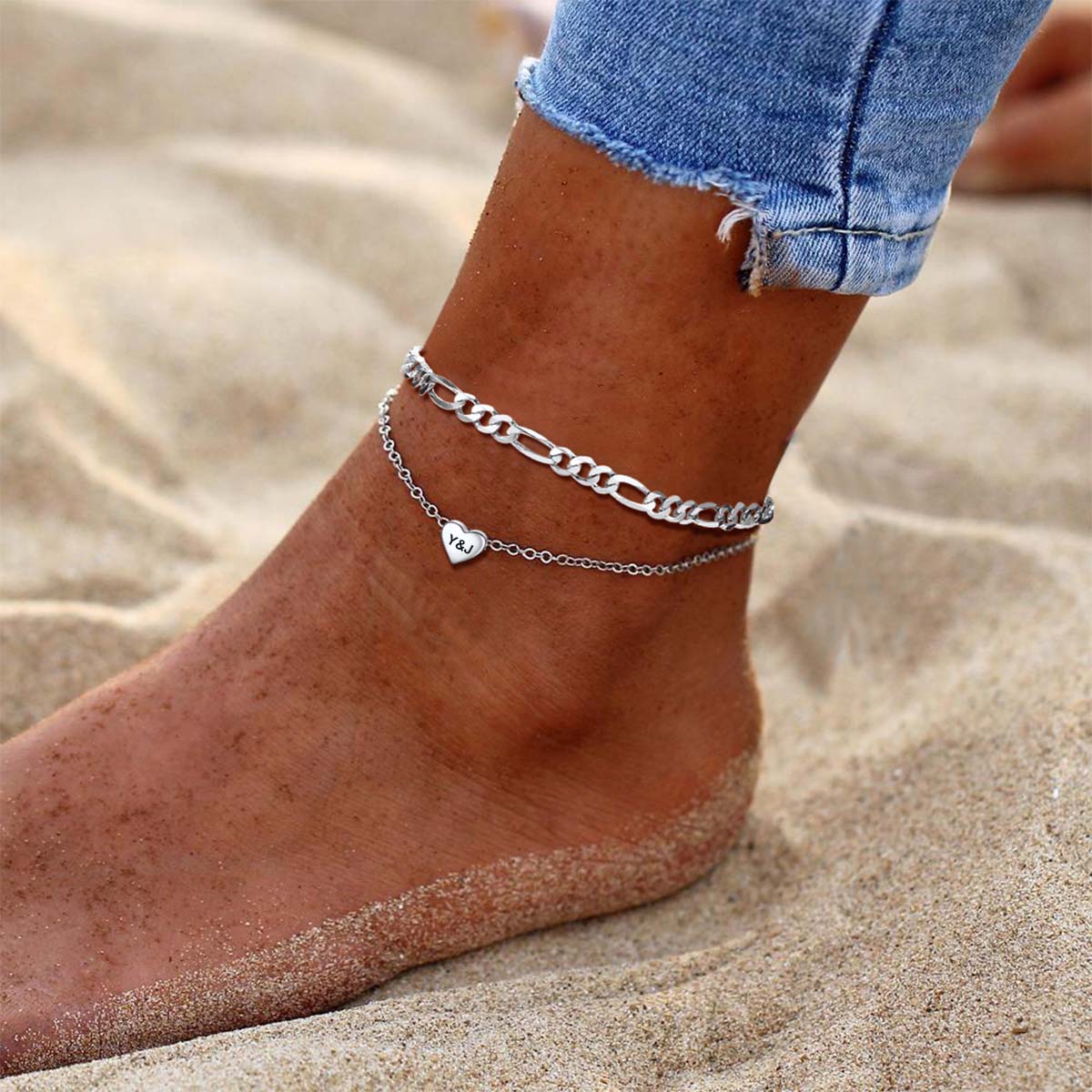 Bracelet Cheville Cœur Personnalisé en Argent 925 pour Femme