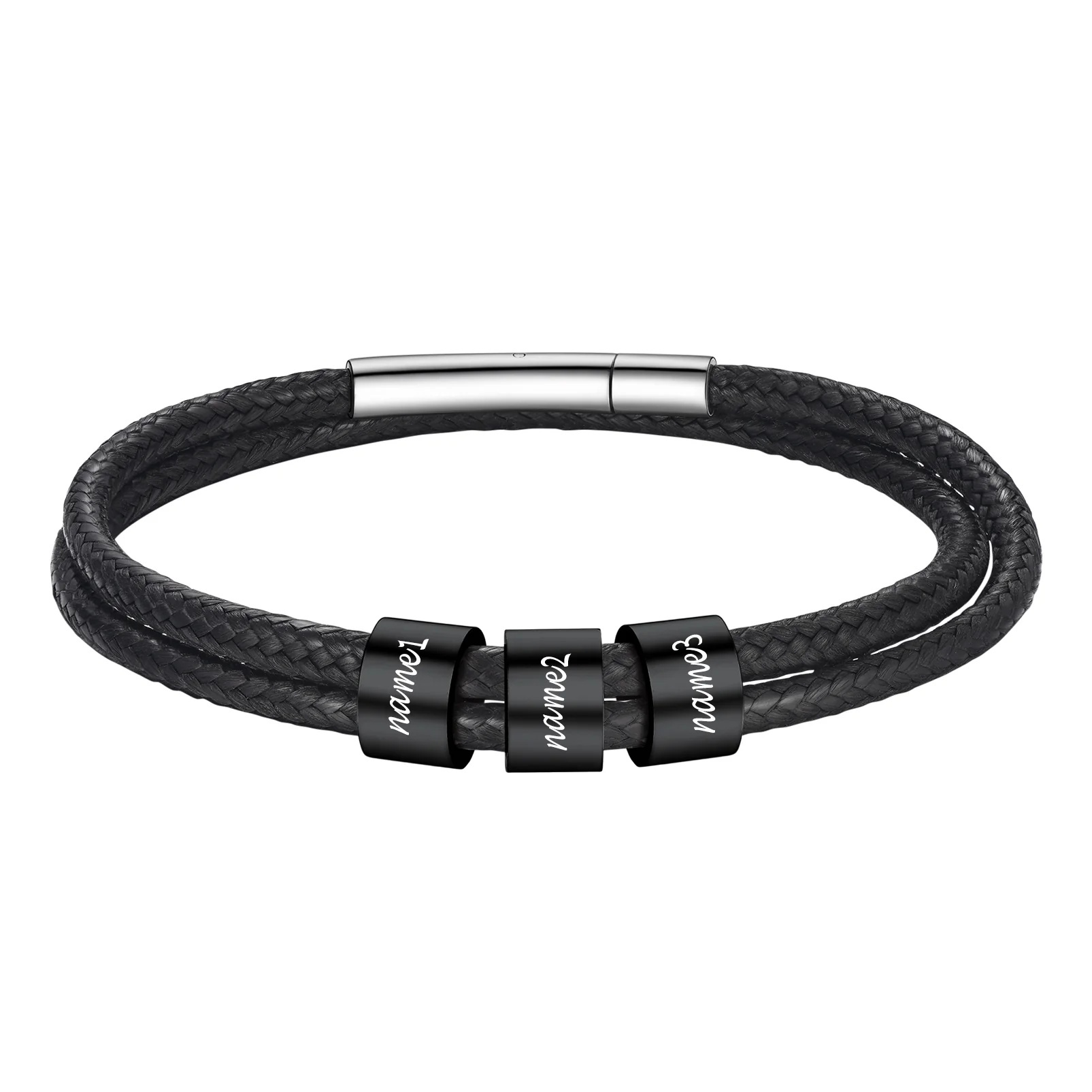 Bracelet en Cuir Personnalisé avec 3 Perles  noir Gravées