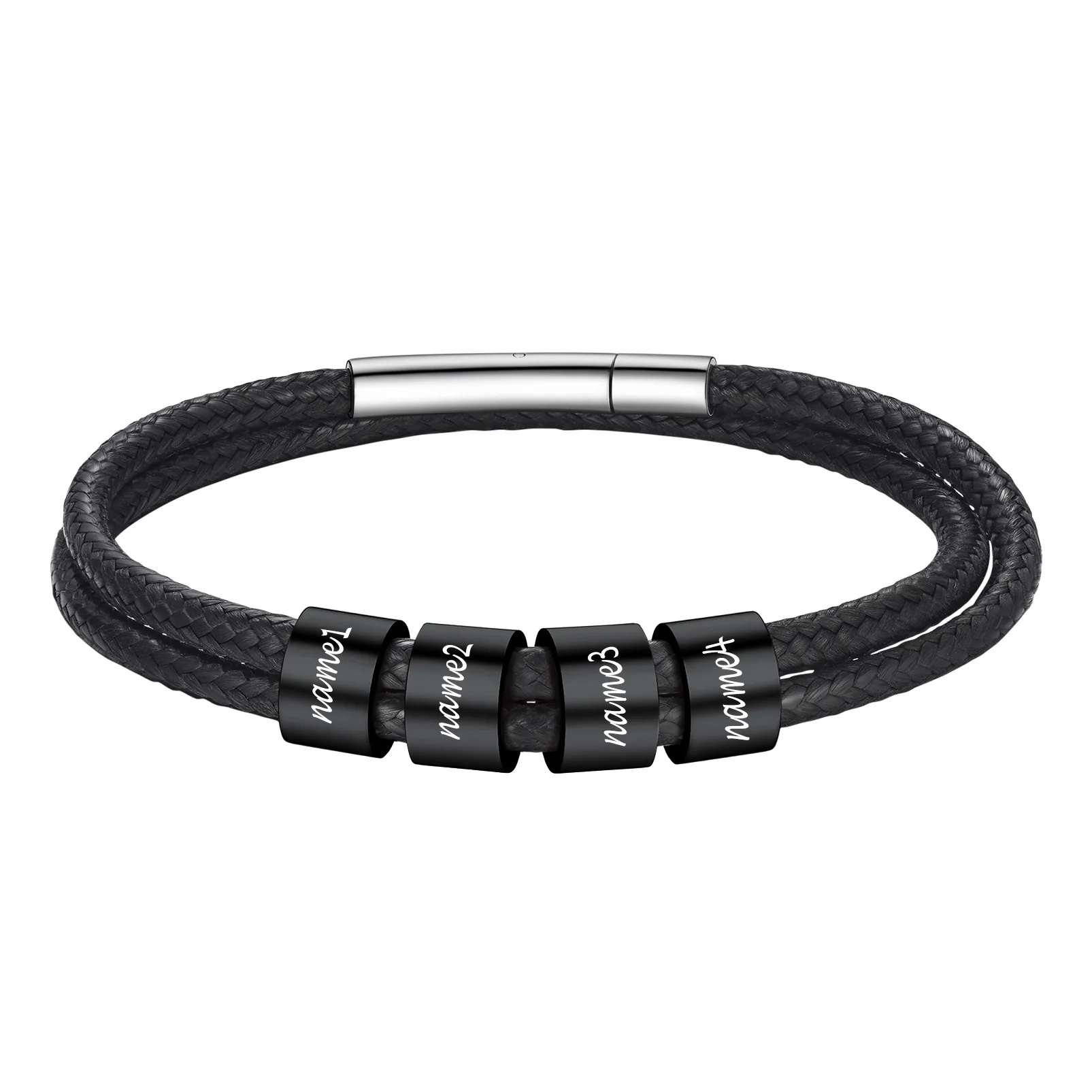 Bracelet en Cuir Personnalisé avec 4 Perles noir Gravées
