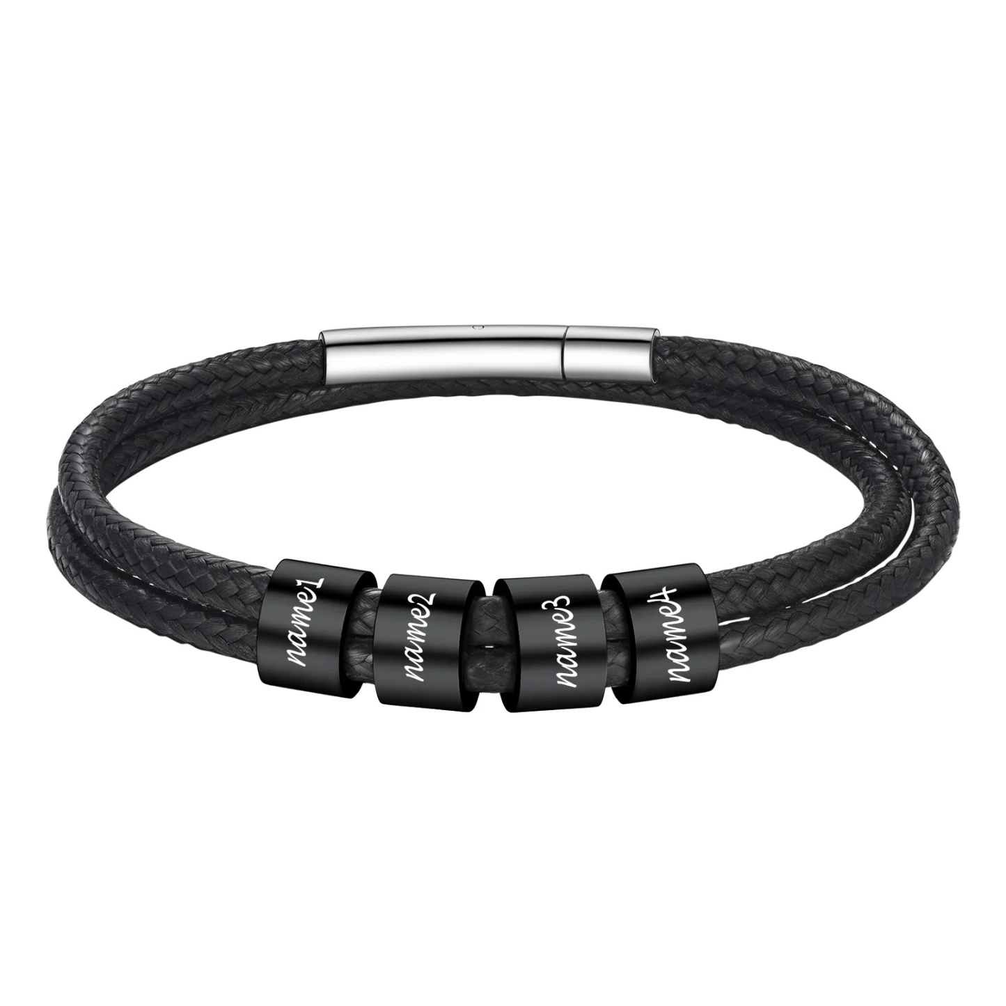 Bracelet en Cuir Personnalisé avec 4 Perles noir Gravées