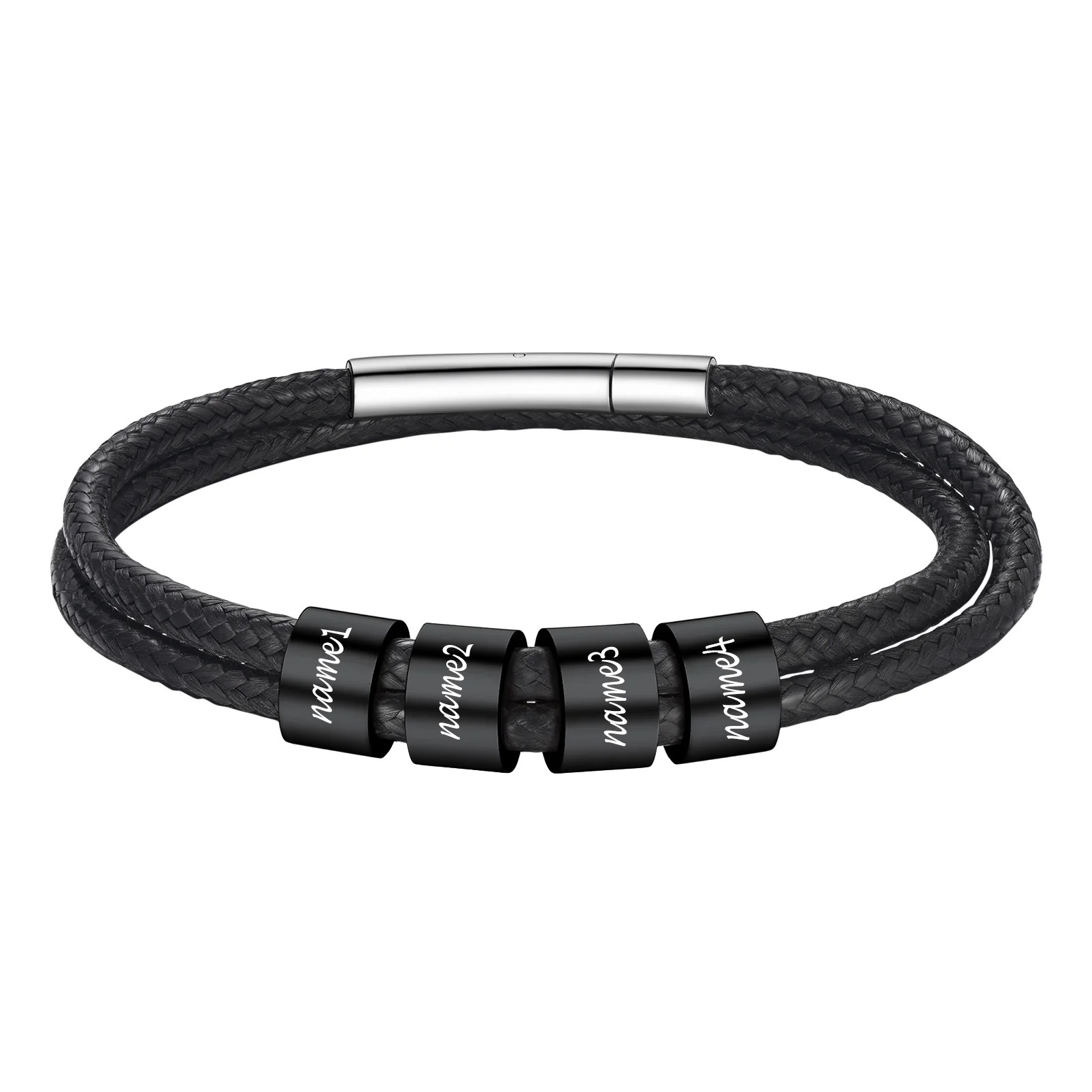 Bracelet en Cuir Personnalisé avec 4 Perles noir Gravées