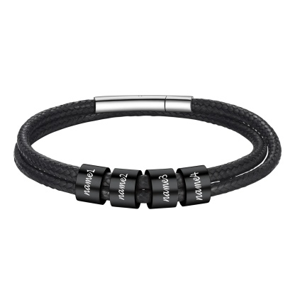 Bracelet en Cuir Personnalisé avec 4 Perles noir Gravées