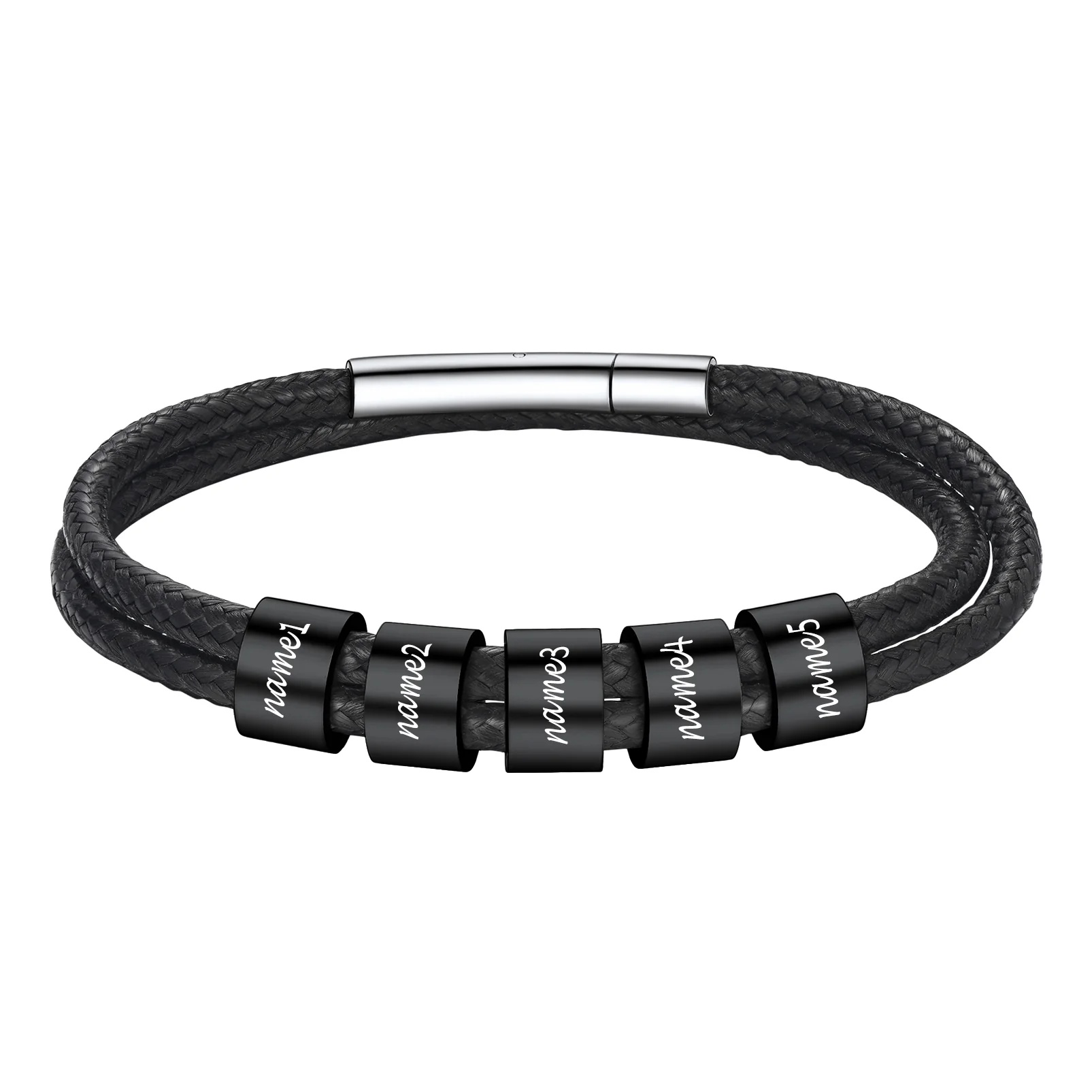 Bracelet en Cuir Personnalisé avec Perles 5 noir Gravées