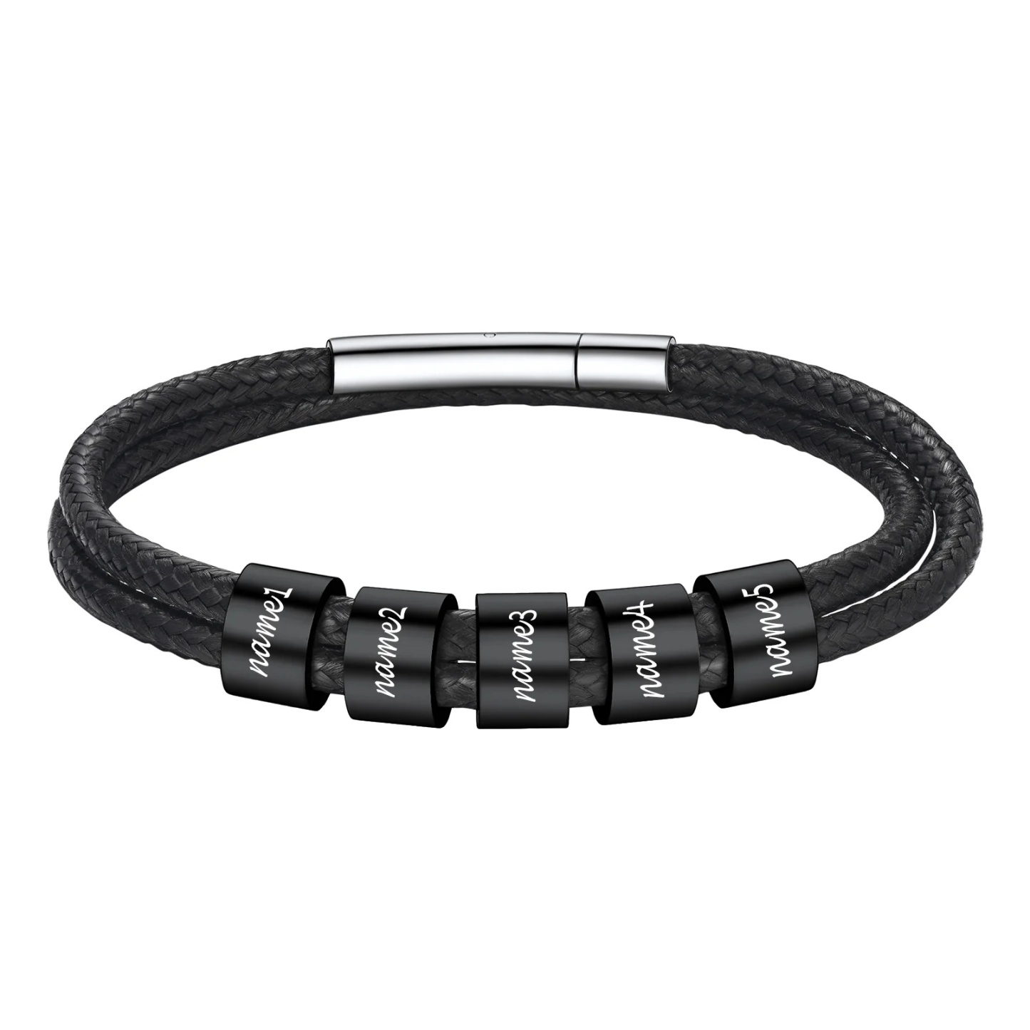 Bracelet en Cuir Personnalisé avec Perles 5 noir Gravées