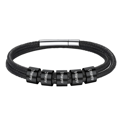 Bracelet en Cuir Personnalisé avec Perles 5 noir Gravées