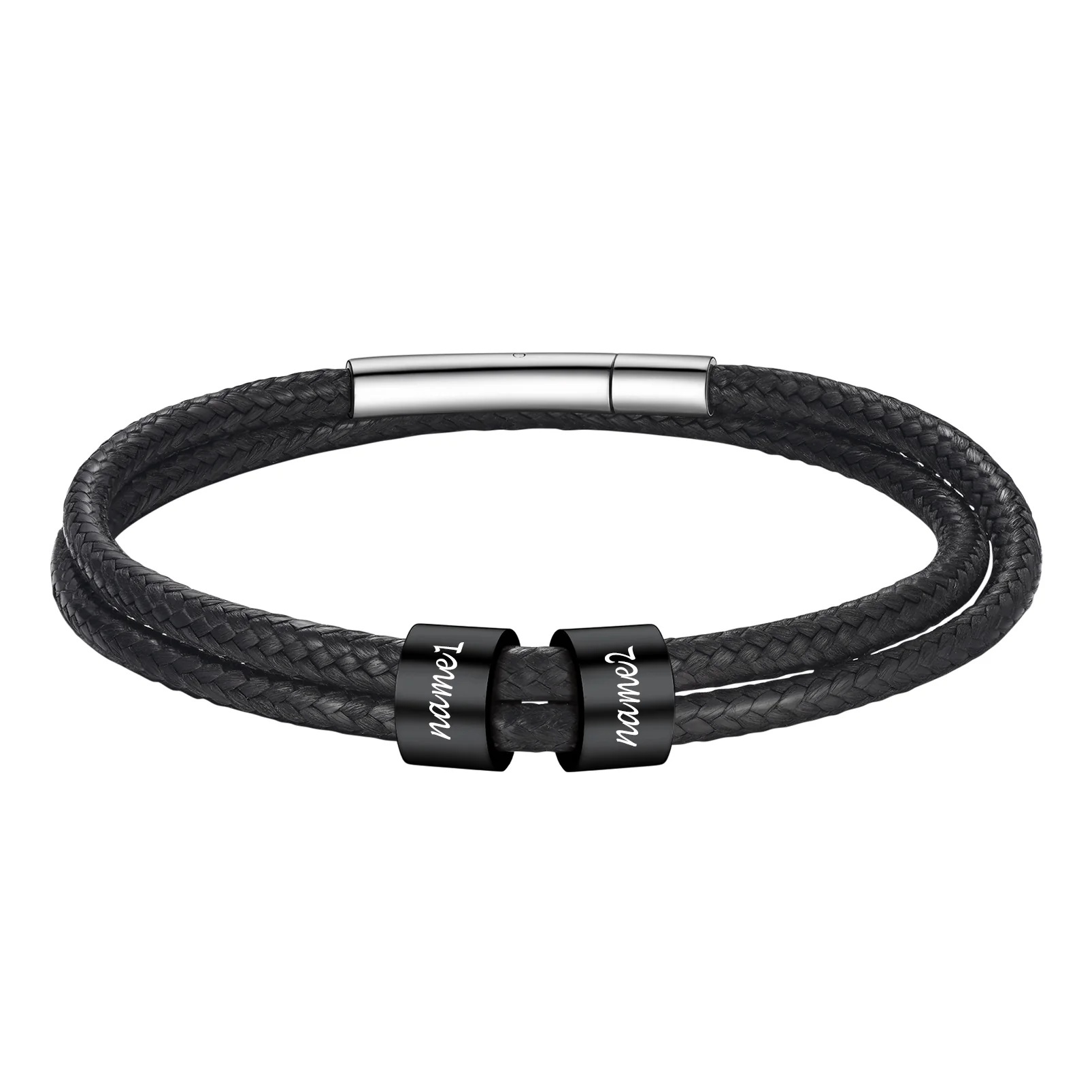 Bracelet en Cuir Personnalisé avec 2 Perles noir Gravées