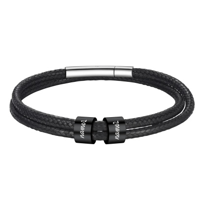 Bracelet en Cuir Personnalisé avec 2 Perles noir Gravées