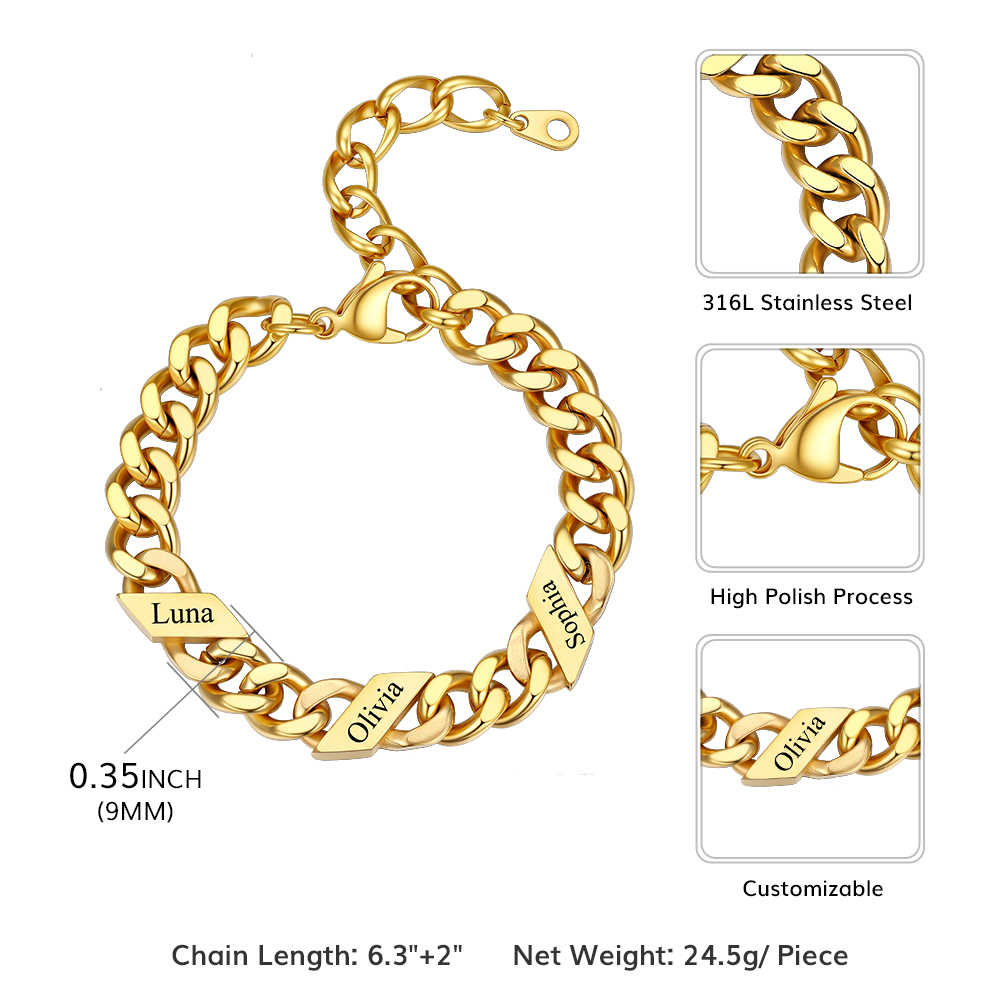 Bracelet Femme Cubain Gravé 1 à 6 Noms  9mm Taille