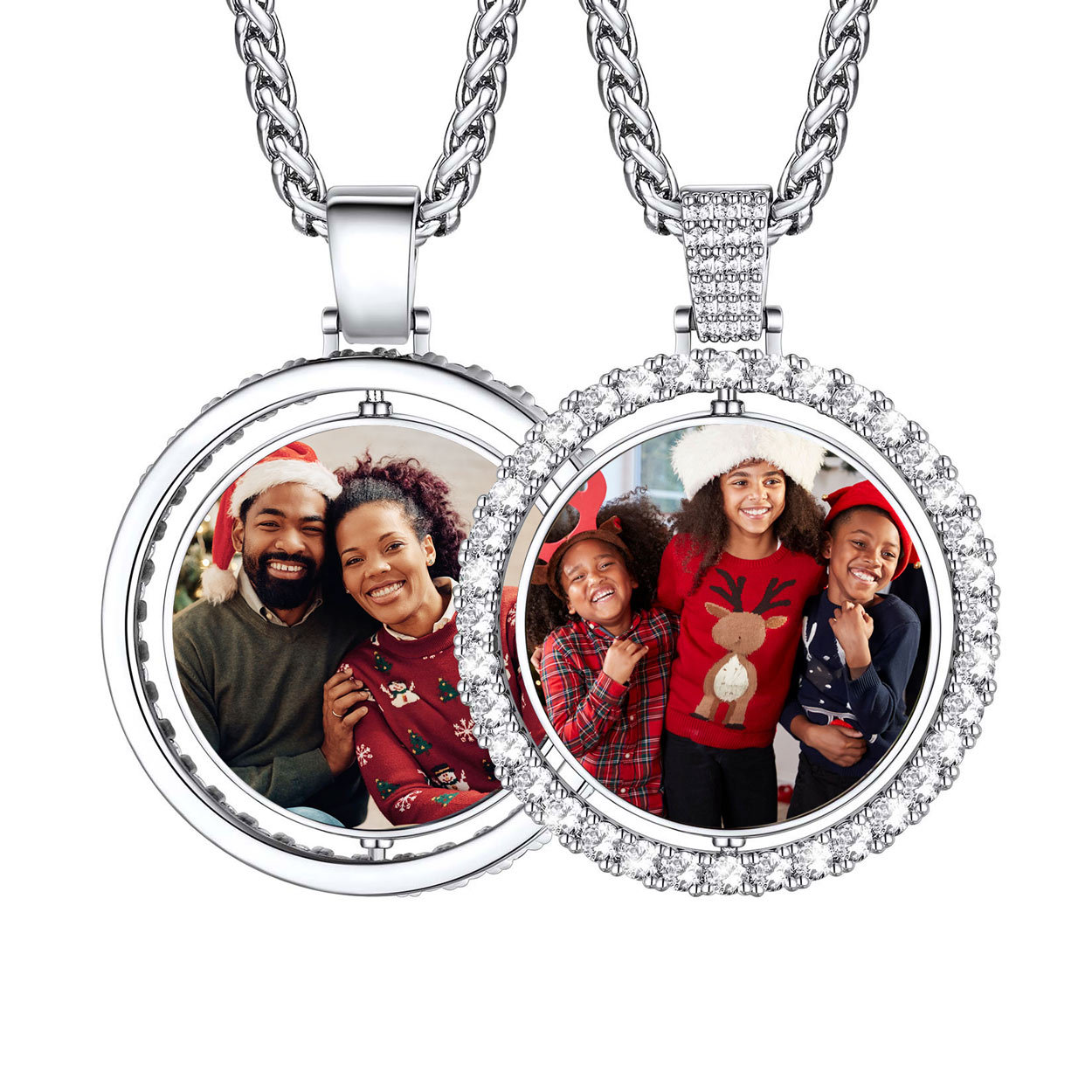 Collier Photo Rond Personnalisé Rotatif avec Zircon Cubique 