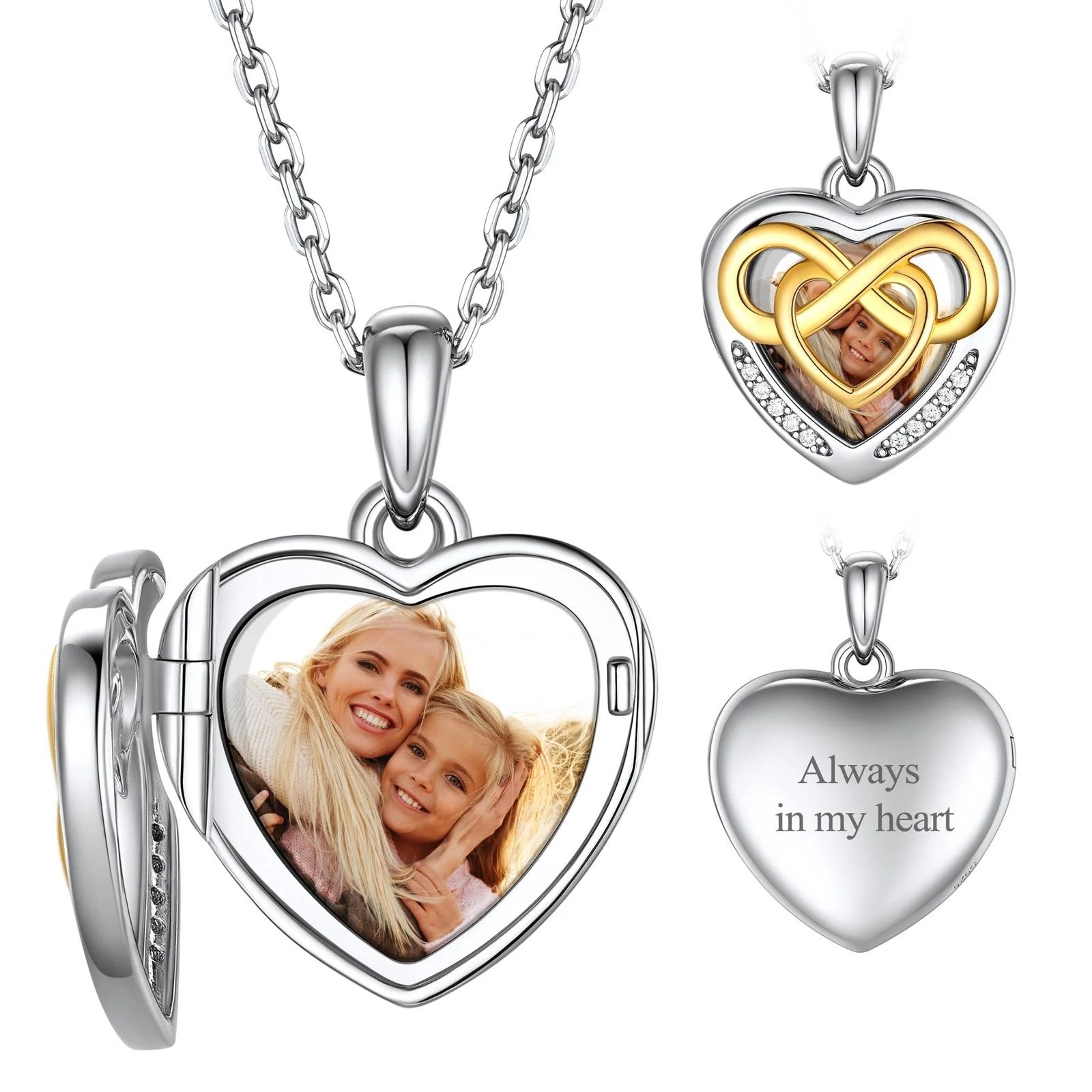 Collier Cœur Médaillon Photo Love Knot en Argent 925