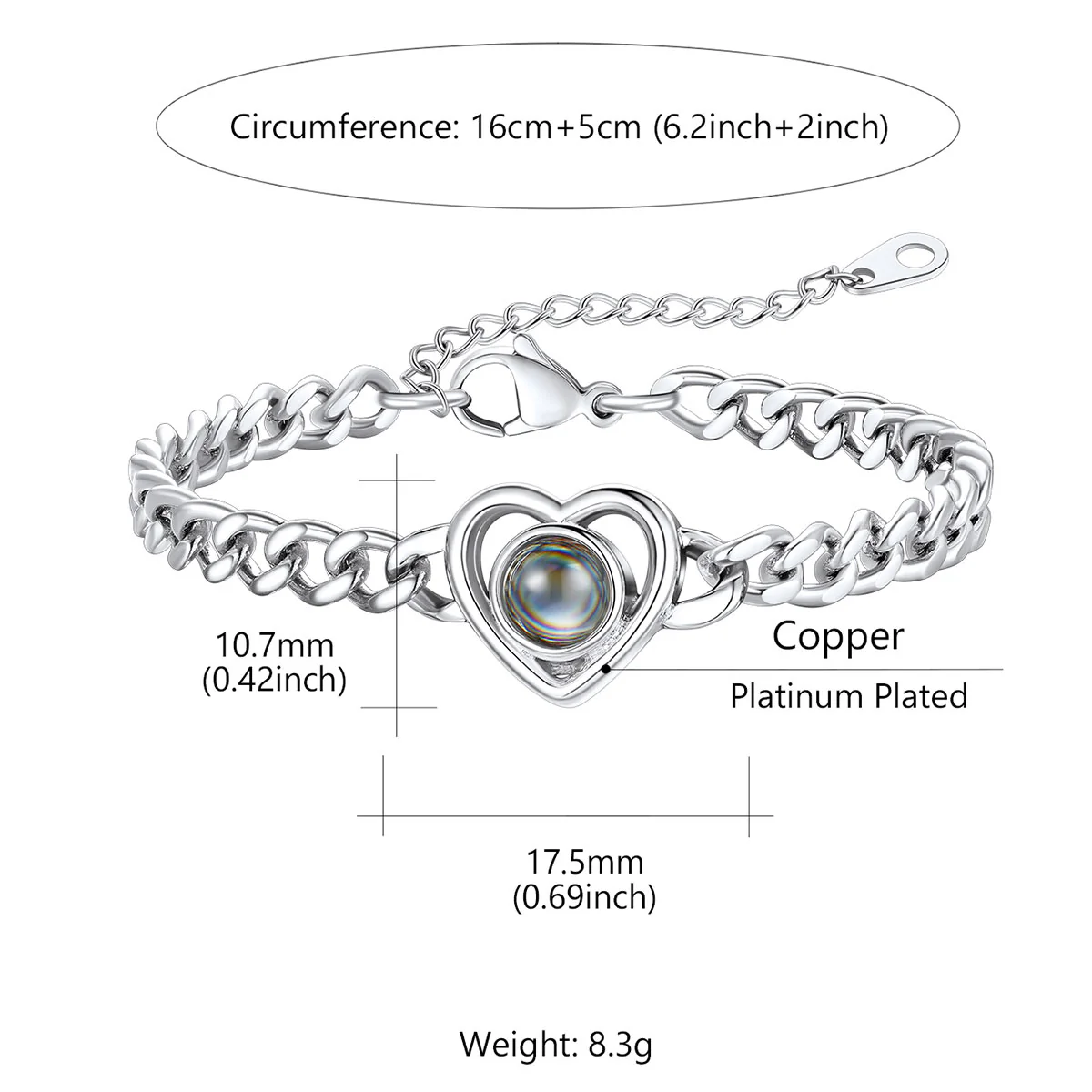 Bracelet Chaîne Personnalisé avec Cœur et Photo en Projection