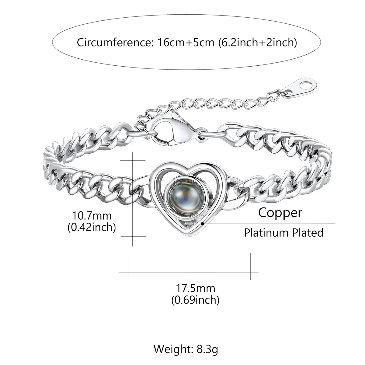 Bracelet Chaîne Personnalisé avec Cœur et Photo en Projection