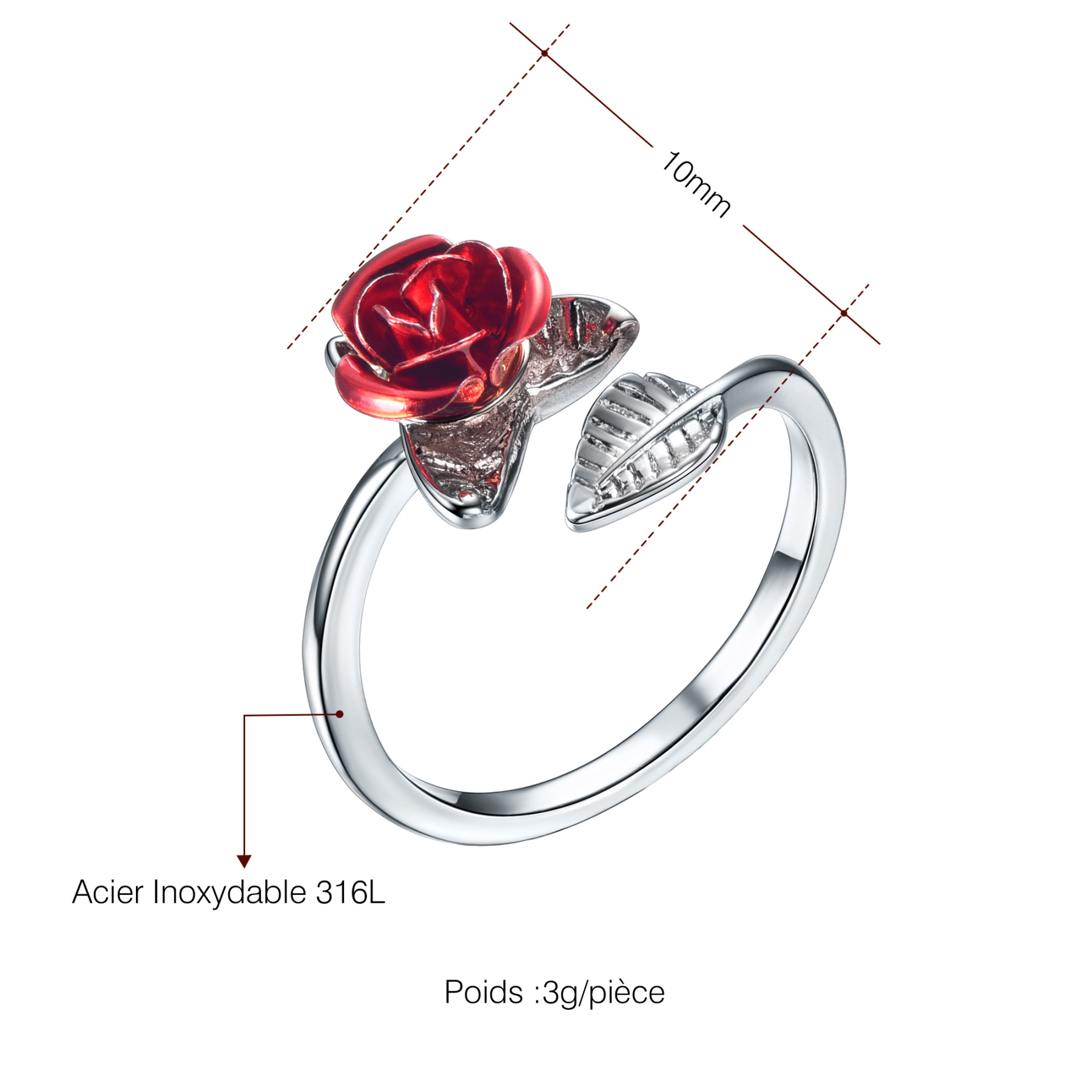 Bague Ajustable Rose pour Femme et Cadeau de Saint-Valentin Taille