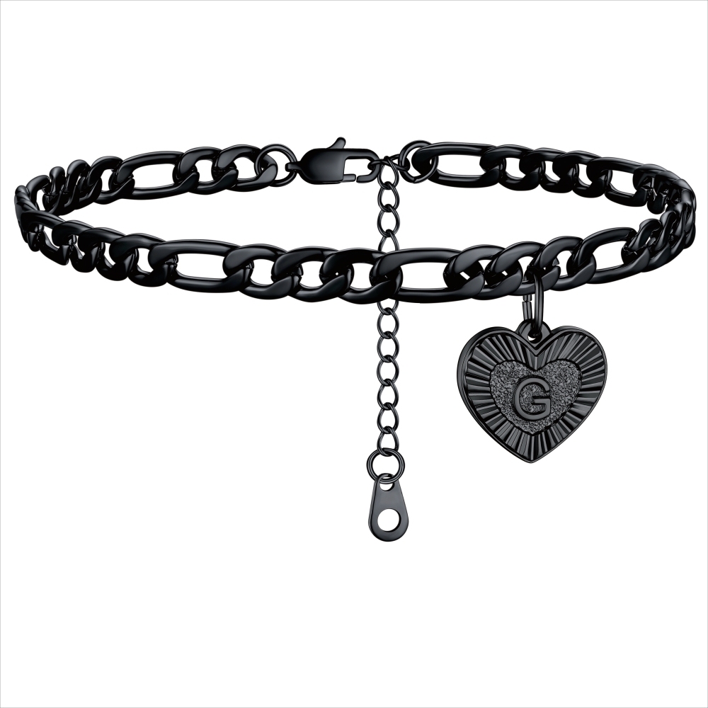 Bracelet de Cheville Chaîne Figaro avec Charm Cœur et Initiale pour Femme