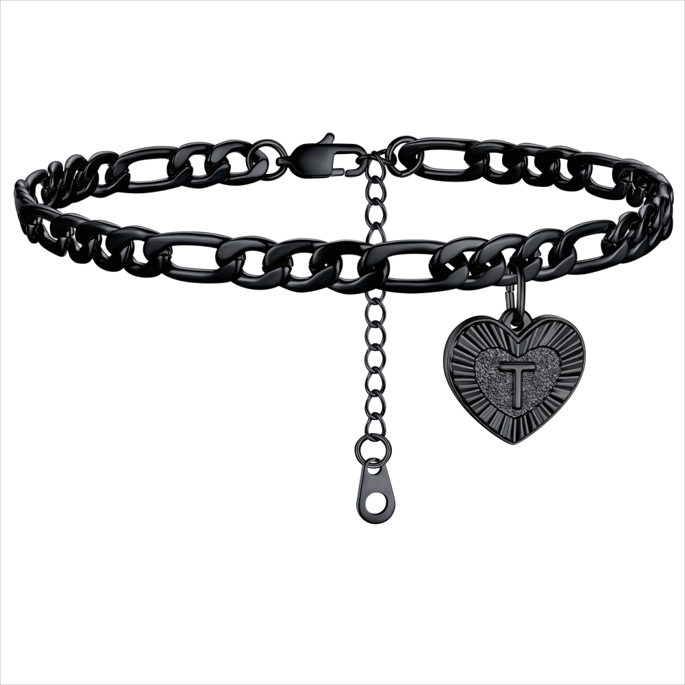Bracelet de Cheville Chaîne Figaro avec Charm Cœur et Initiale pour Femme