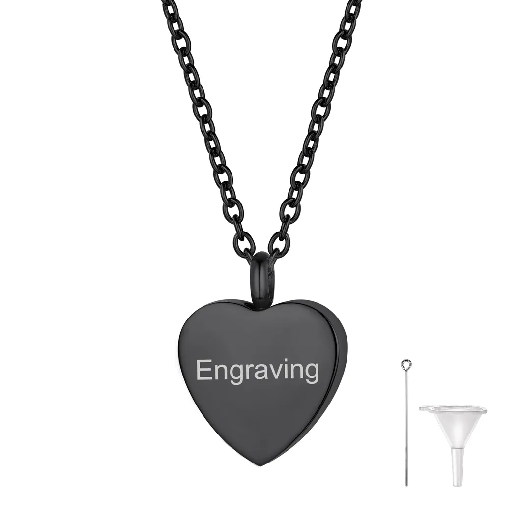 Collier de Crémation en Forme de Cœur Personnalisé avec Gravure pour Cendres Noir