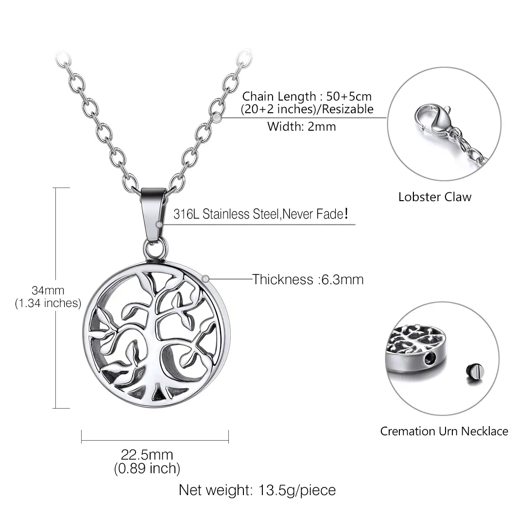 Collier Urne Personnalisé avec Gravure Pendentif Arbre de Vie pour Cendres Taille