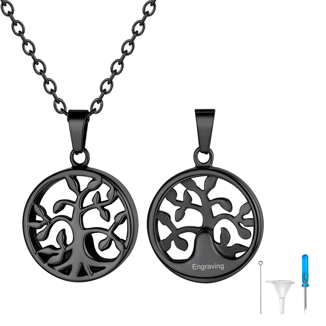 Collier Urne Personnalisé avec Gravure Pendentif Arbre de Vie pour Cendres Noir