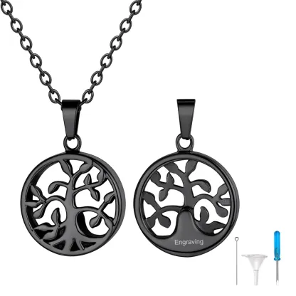 Collier Urne Personnalisé avec Gravure Pendentif Arbre de Vie pour Cendres Noir