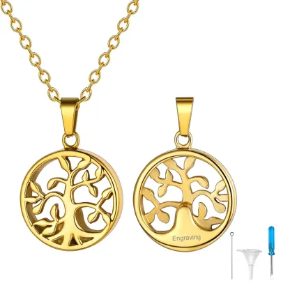Collier Urne Personnalisé avec Gravure Pendentif Arbre de Vie pour Cendres Or