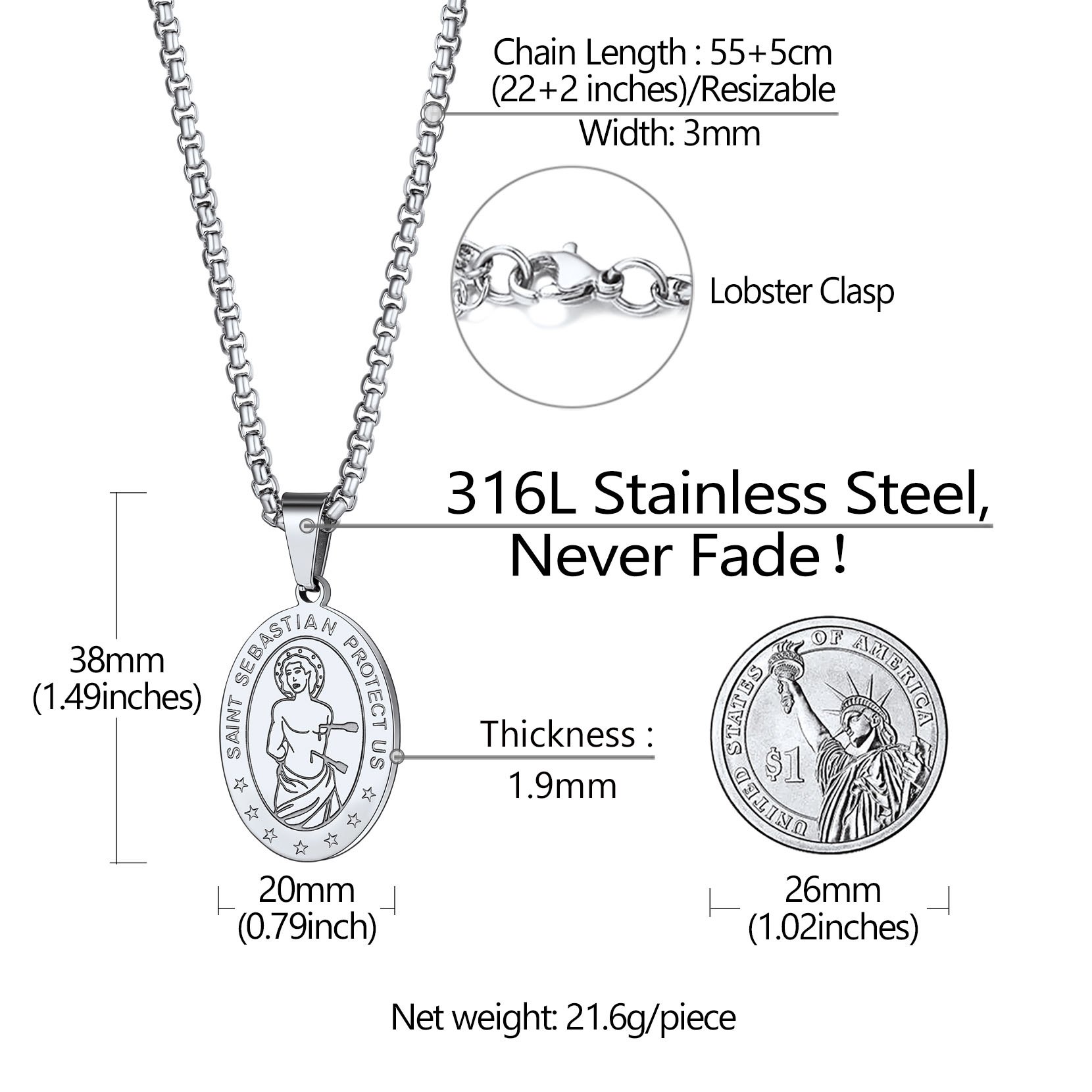 Collier Saint Sébastien Personnalisé avec Gravure de Nom Taille