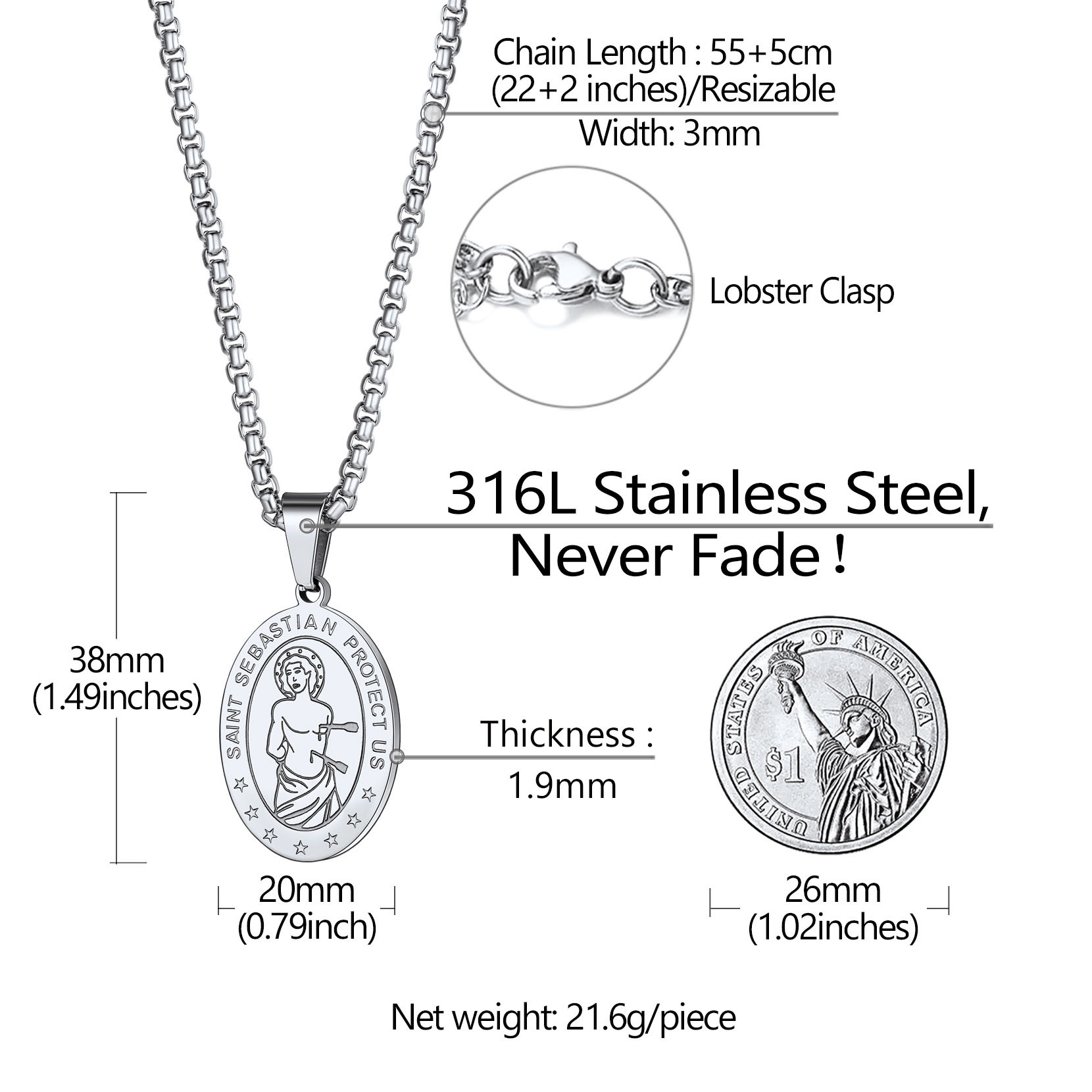 Collier Saint Sébastien Personnalisé avec Gravure de Nom Taille