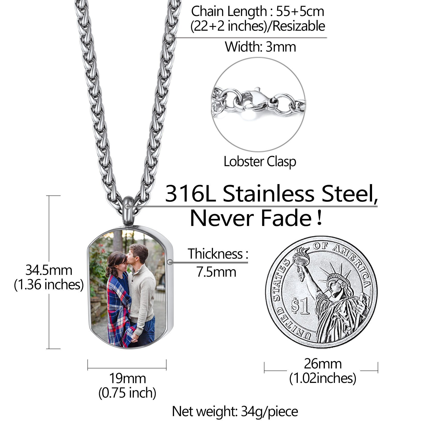 Collier Urne Personnalisé avec Gravure Photo pour Cendres Taille