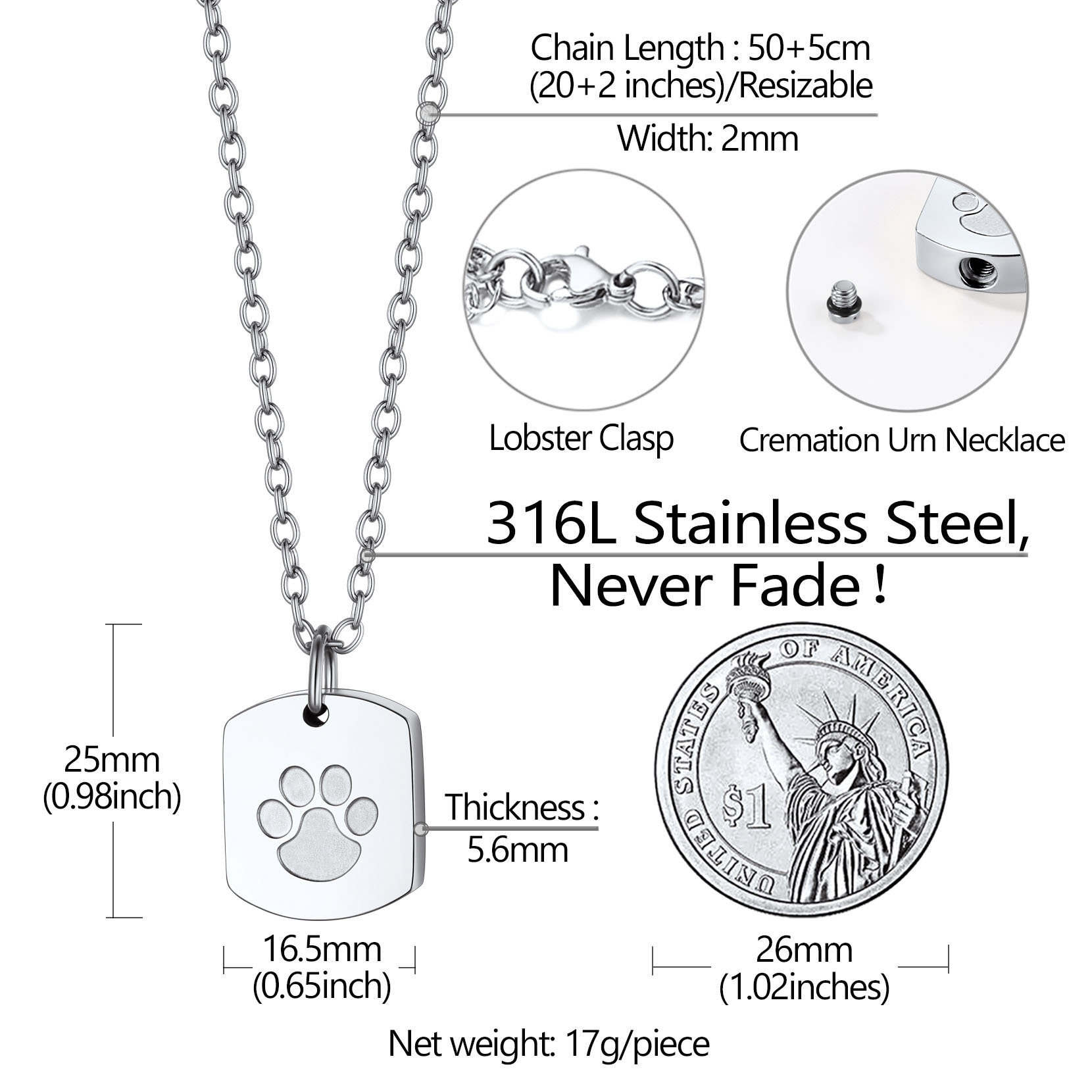 Collier Urne Crémation Commémoration Patte de Chien Taille