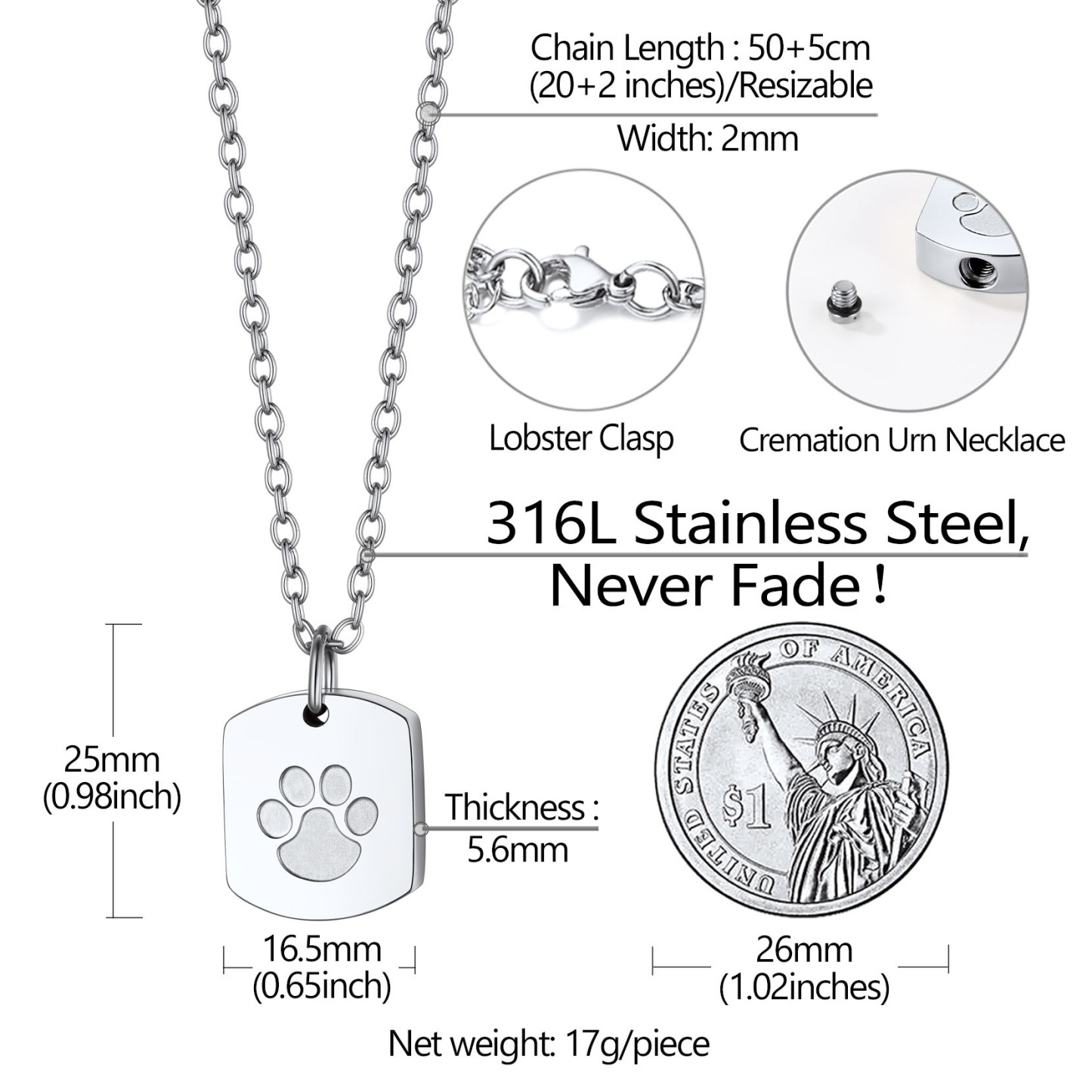 Collier Urne Crémation Commémoration Patte de Chien Taille