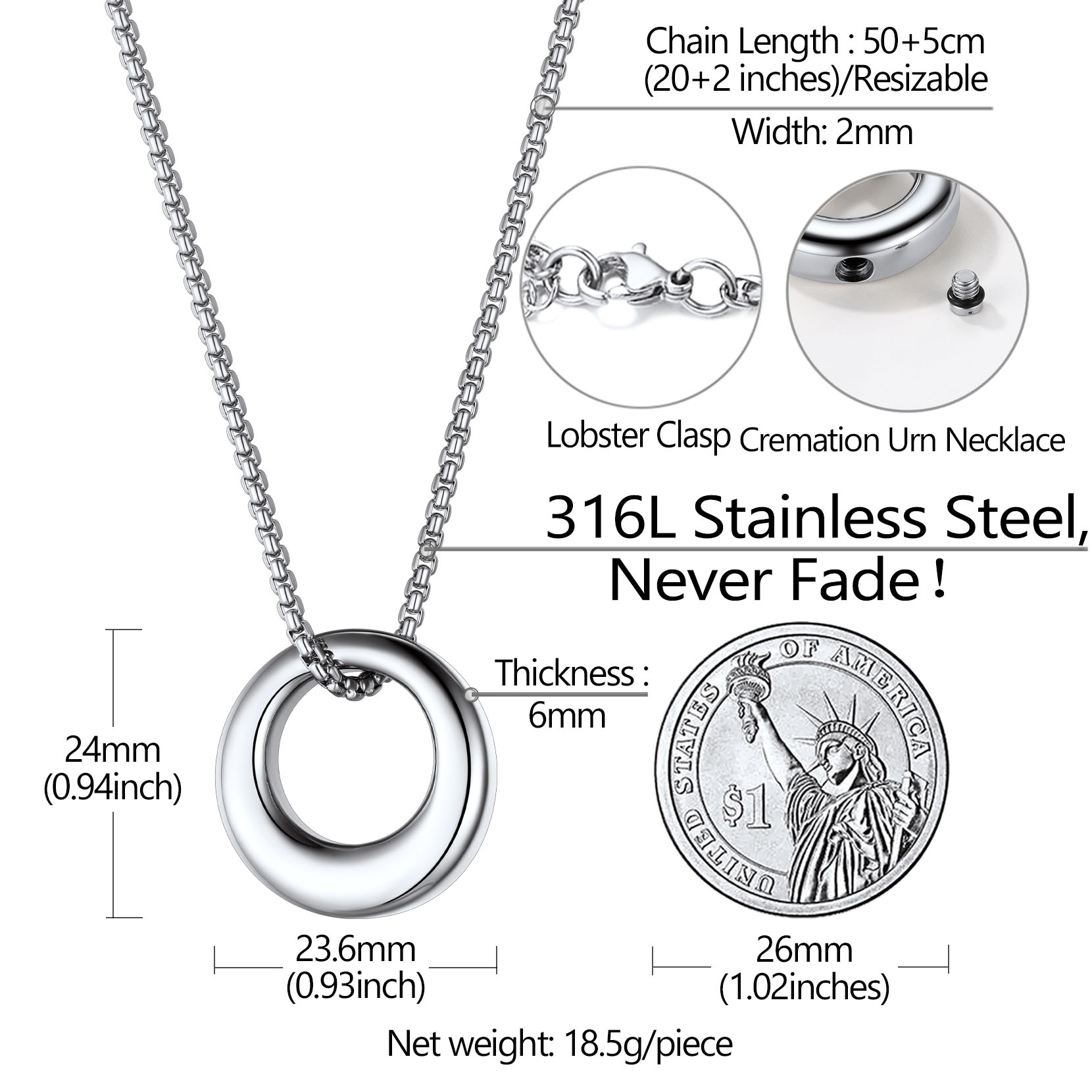 Collier Médaillon Urne Funéraire pour Cendres Taille