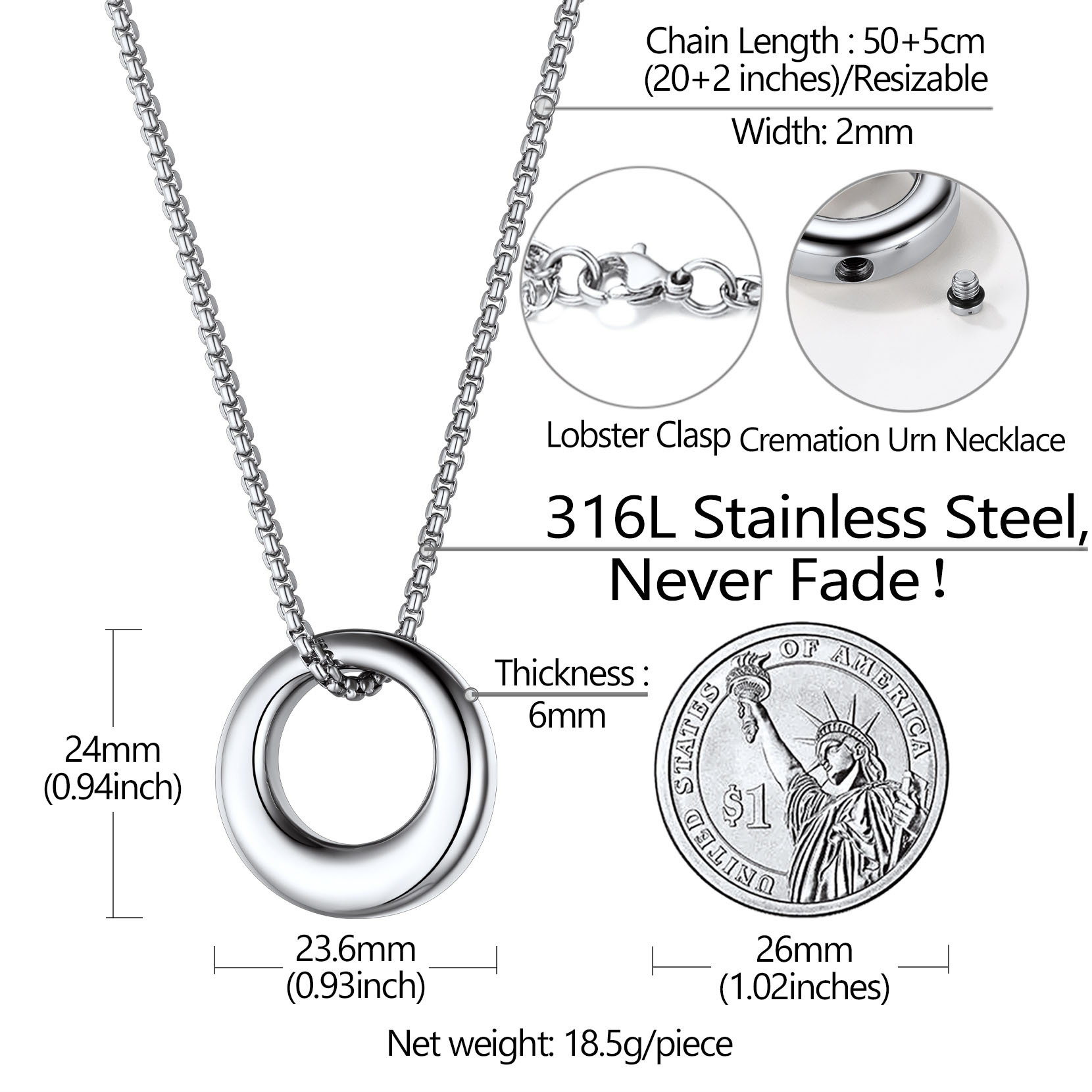 Collier Médaillon Urne Funéraire pour Cendres Taille