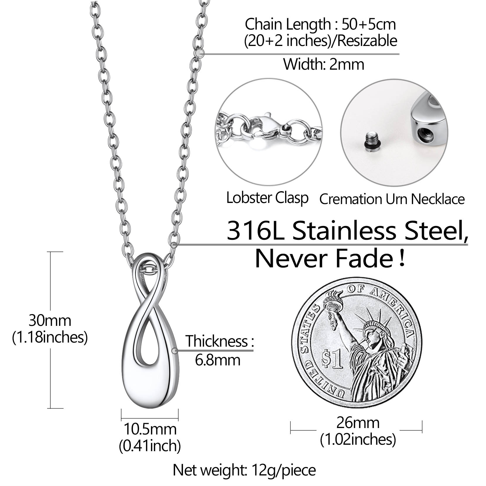 Collier Infini Personnalisé pour Cendres avec Gravure Taille