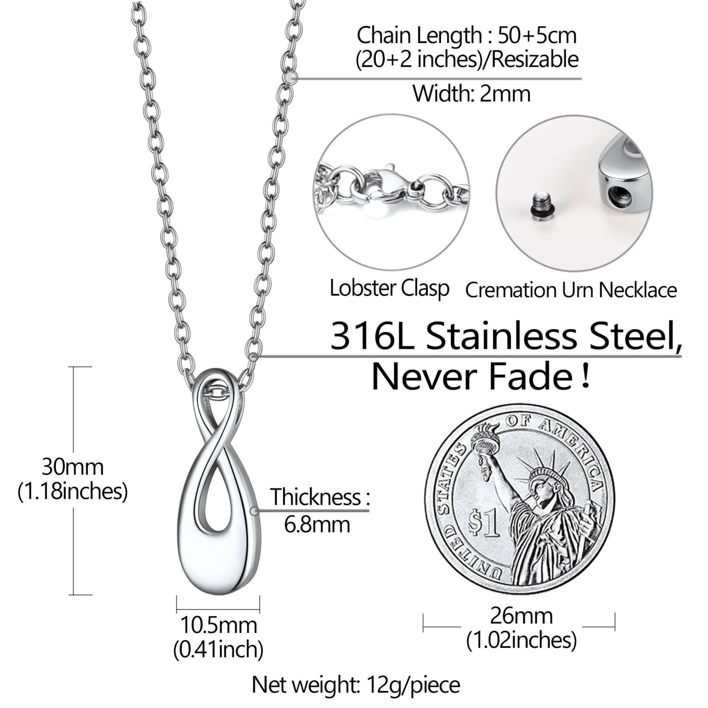 Collier Infini Personnalisé pour Cendres avec Gravure Taille