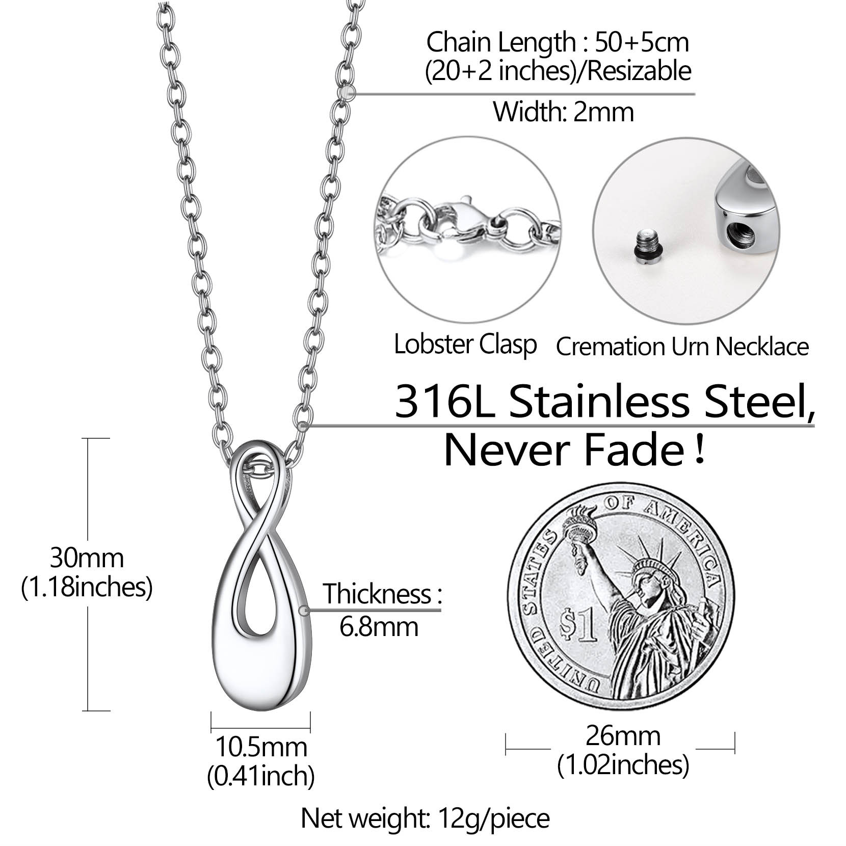 Collier Infini Personnalisé pour Cendres avec Gravure Taille